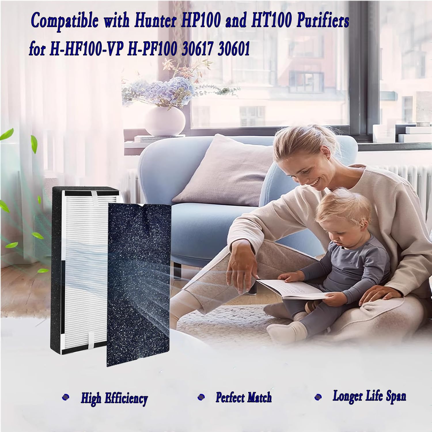 Replacement Filters for Hunter HP100/HT100 Mid-Tower Air Purifiers | 2× H13 HEPA Filter + 4× Activated Carbon Pre-Filters | Compatible with H-HF100-VP/H-PF100 (Part 30617/30601)