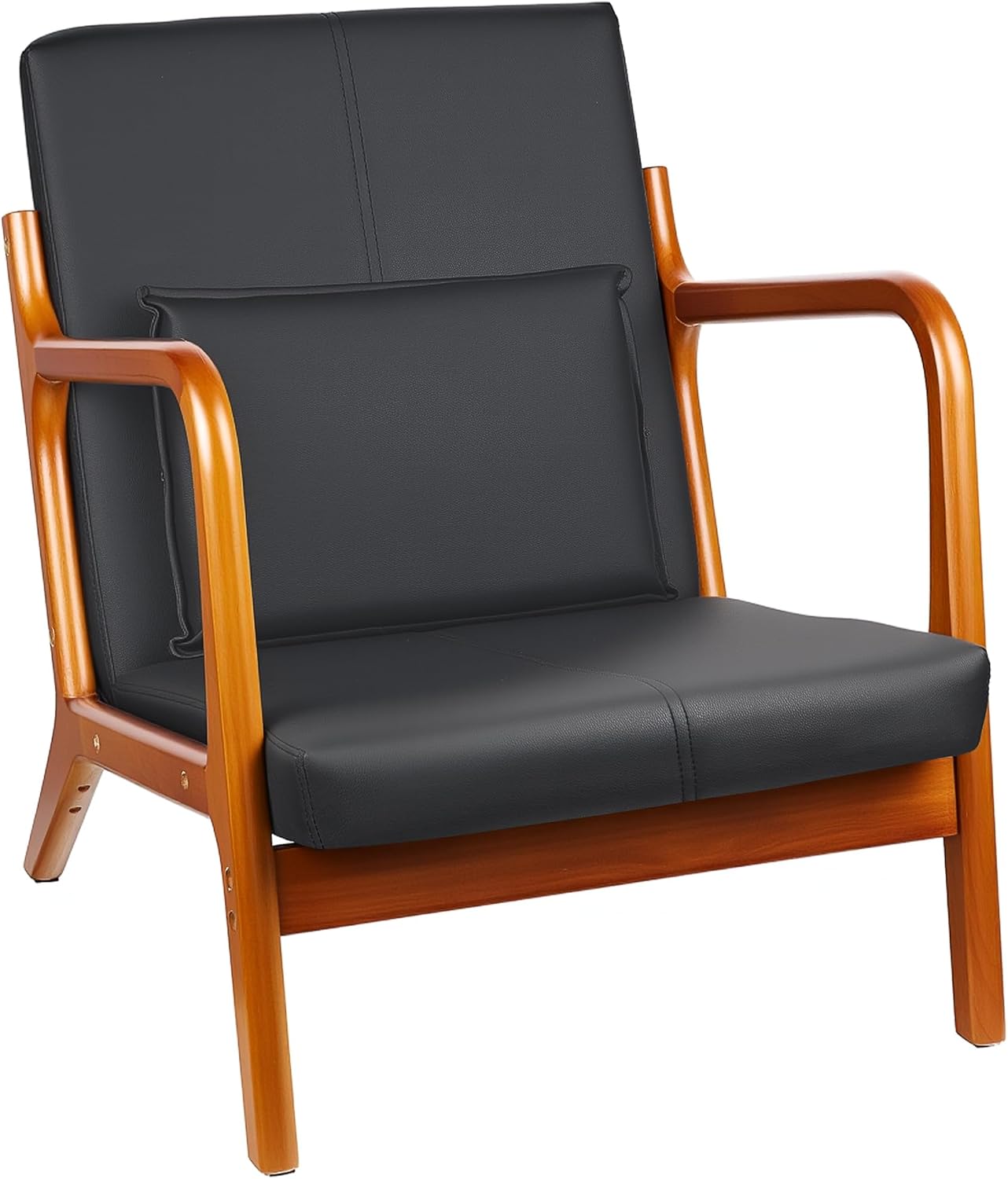 VECELO Mid-Century Modern Accent Chair with Faux Leather Cushion & Solid Wood Frame, Lounge Armchair for Living Room, Bedroom, Office, Black