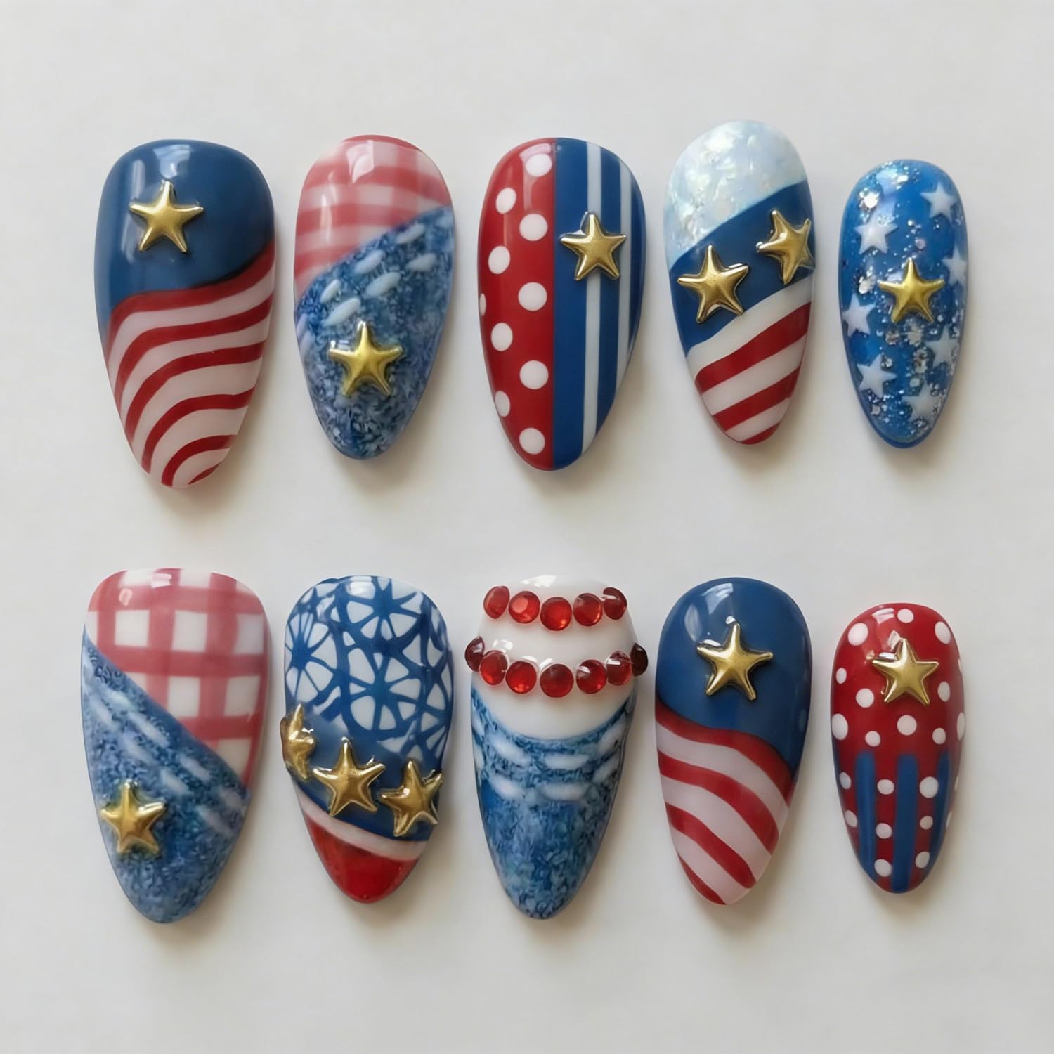Photo 1 of 30Pcs 4th of July Press on Nails Medium Almond Fake Nails with Gold Star Red Rhinestones Designs American Flag Acrylic Nails Independence Day Patriotic False Nail July 4 Star Glue on Nails for Women