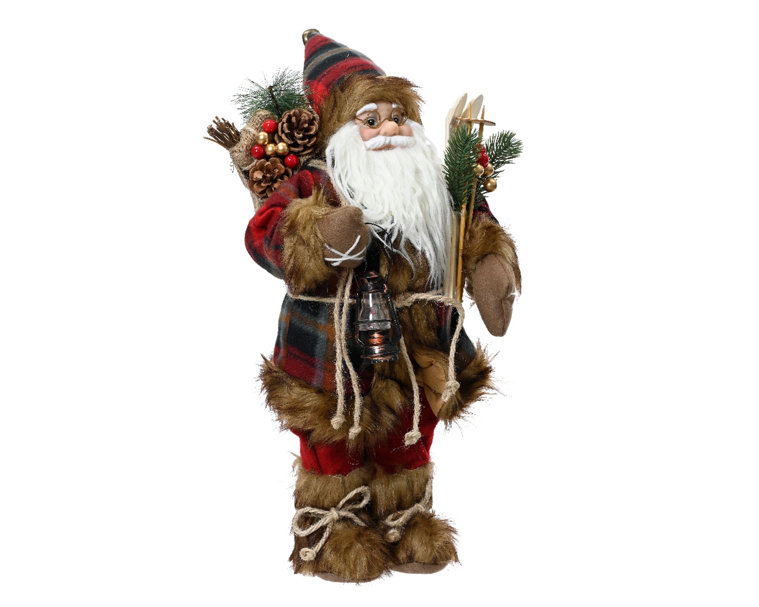 Kaemingk Père Noël debout traditionnel Figurine Père Noël 45 cm Figurine de Noël Rouge Tartan Fourrure Manteau tenant lanterne et skis Décoration intérieure Père Noël debout