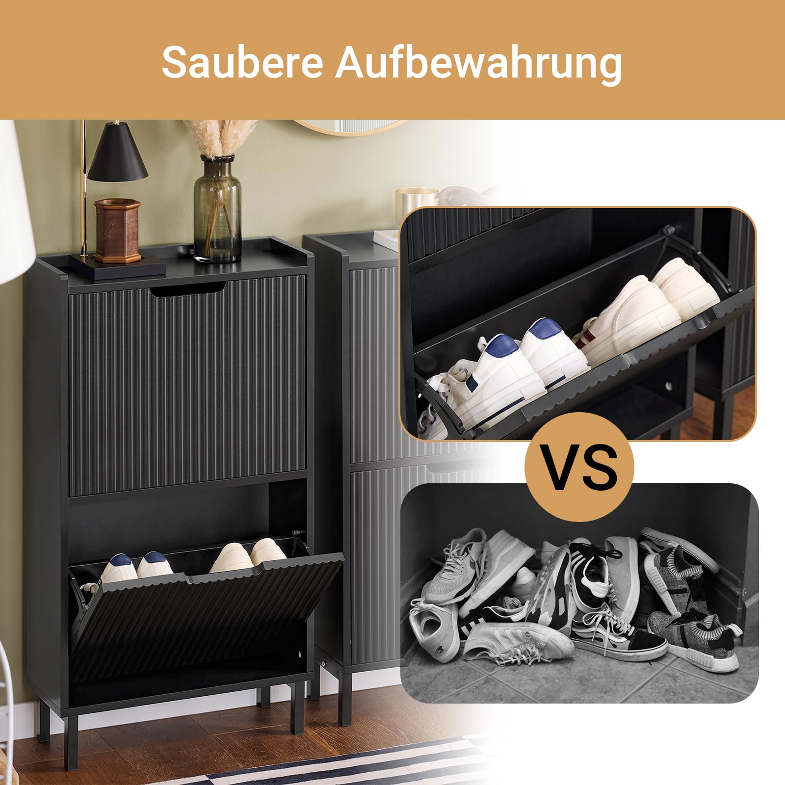 SoBuy Schuhschrank schmal mit 2 Klappen 50x90x19cm für Flur | Schuhkipper platzsparend, geschlossenes Schuhregal für Diele & Flur, Schwarz FSR177-SCH