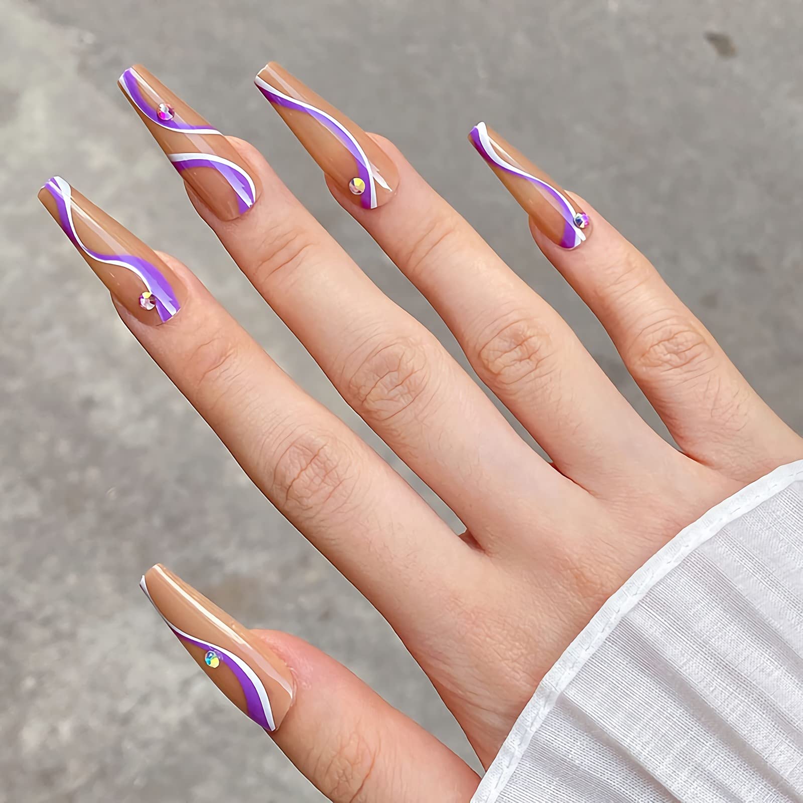 Amazon.com: MISUD Long Coffin Press on Nails, 24Pcs Ballerina Fake Nails,  Glossy Glue on Nails, Rhinestone Acrylic Nails, Purple Abstract Swirl False  Nails with Design for Women & Girls : Beauty &