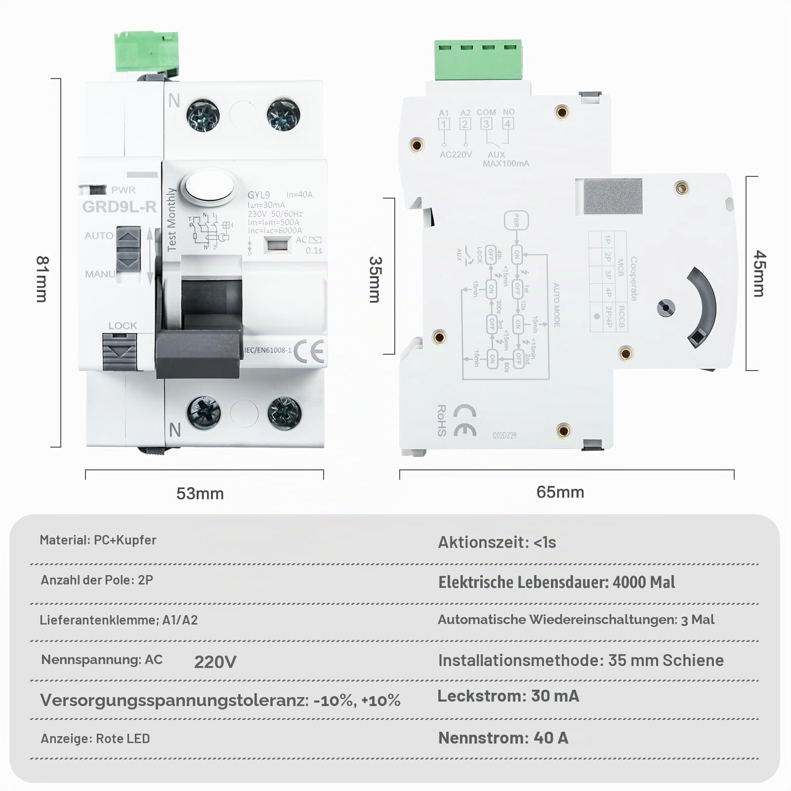 Jadeshay Automatische Wiedereinschaltvorrichtung Leistungsschalter, Fi Schutzschalter 40A 30ma 2 Polig GRD9L-R RCCB Leistungsschalter AC Typ 230V Manuelle/automatische Auswahl
