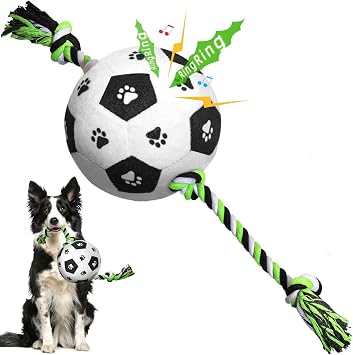 Diman Dog Toys Soccer Ball with Jingle Bell Inside & Nylon Strap, Interactive Dog Toys Puppy Birthday Dog Water Toys Durable Fetch Ball Dog Toys for Medium Large Breed 5 inch