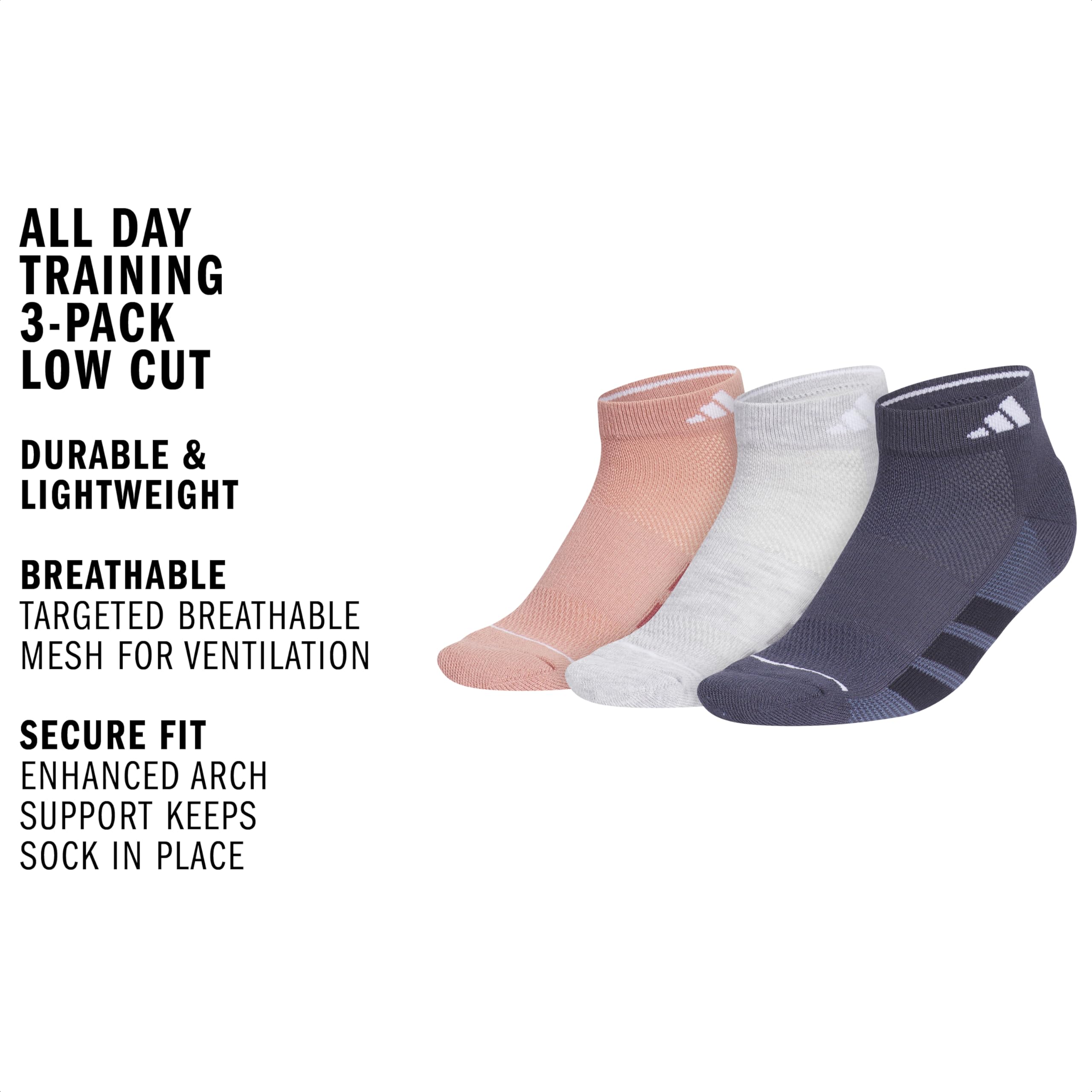 adidas All Day Training Low Cut Socks (3-pair) Athletic Performance With Targeted Cushion For Running Calcetines de corte bajo Mujer (Pack de 3)