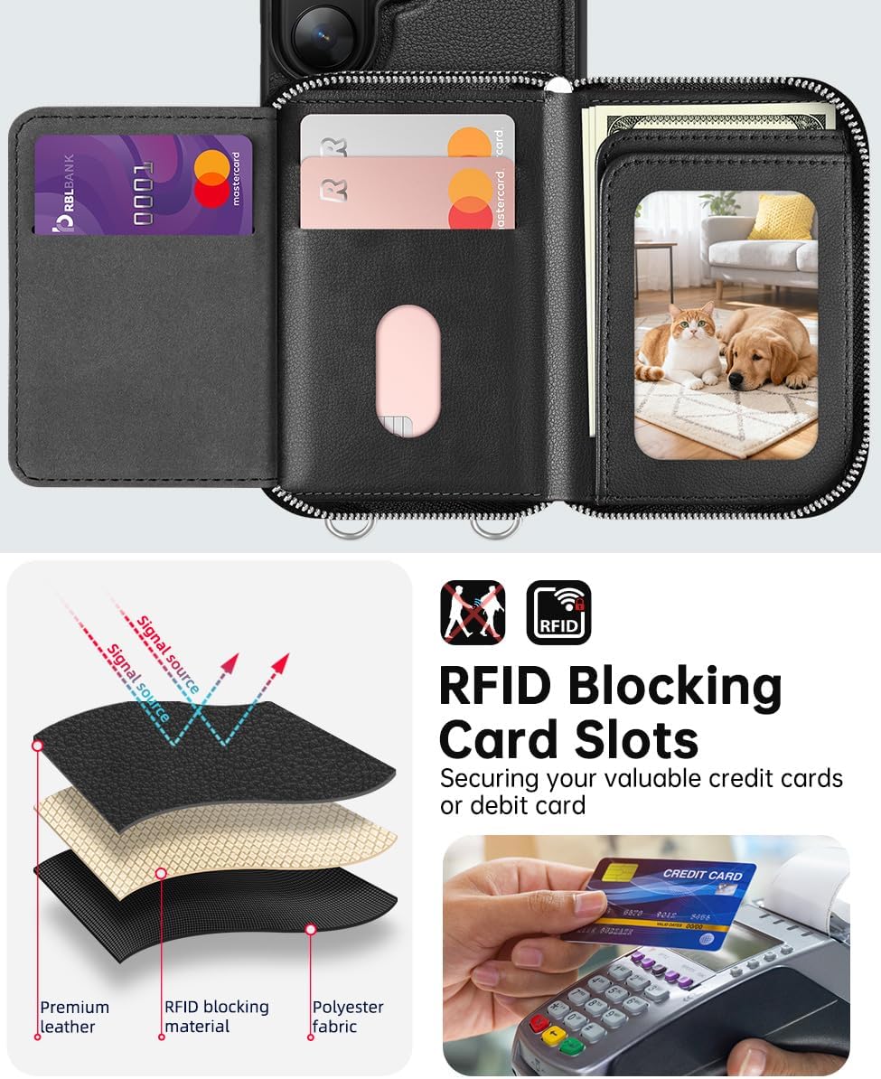 OCASE Compatible with Samsung Galaxy S26 Ultra Crossbody Wallet Case with Card Holder, PU Leather Zipper Handbag Phone Purse with RFID Blocking Kickstand Wrist Strap Lanyard, Black