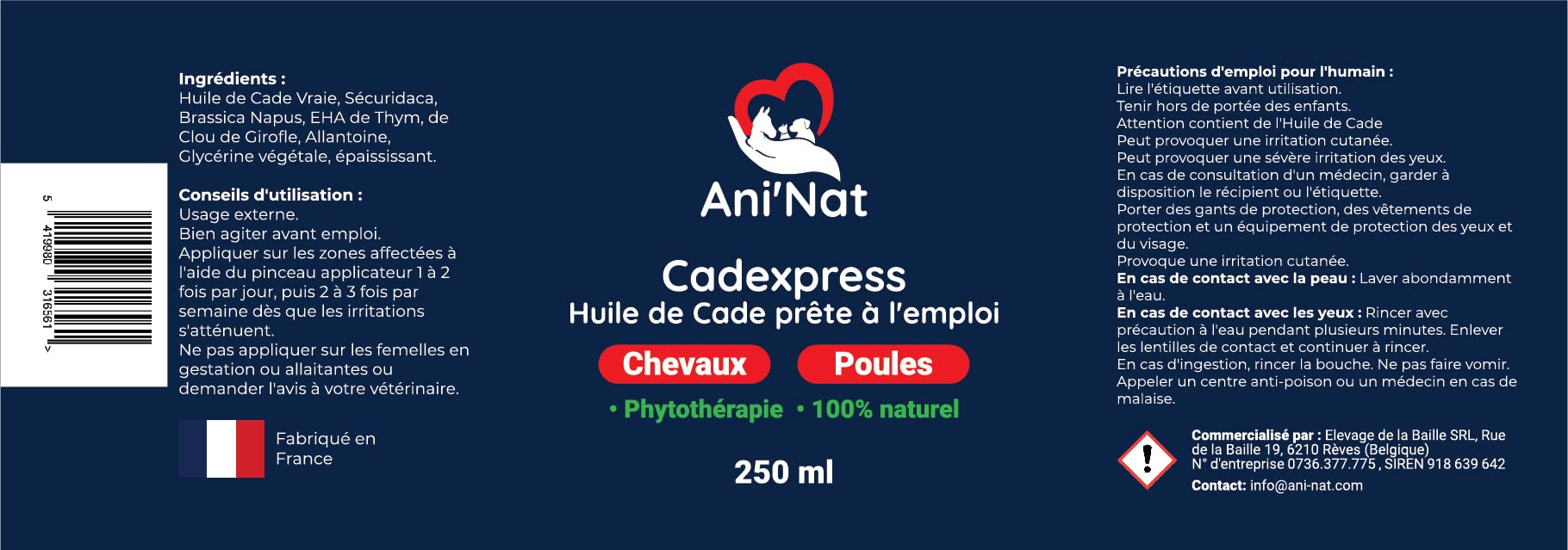 AniNat CADEXPRESS - Olio di Cade pronto all'uso, pennello applicatore avvitato nel tappo, cura delle zampe di gallina, zoccoli cavalli, soles ammorbidite, dermite – barattolo 250 ml (250 ml)