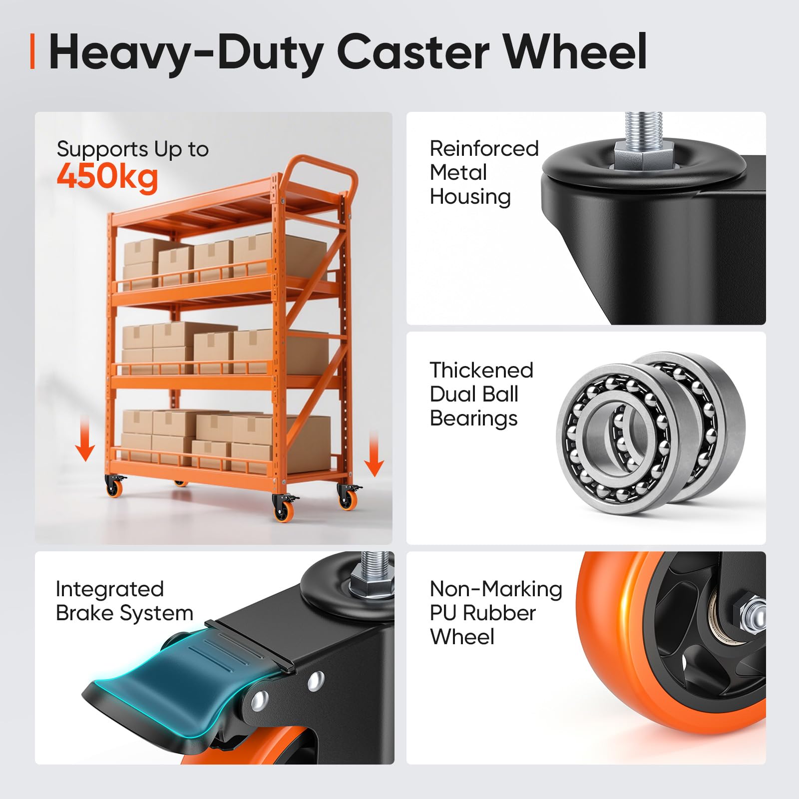 100mm Heavy Duty Castors Set of 4 with Brakes, Brake 450KG Total Load Capacity - Image 4
