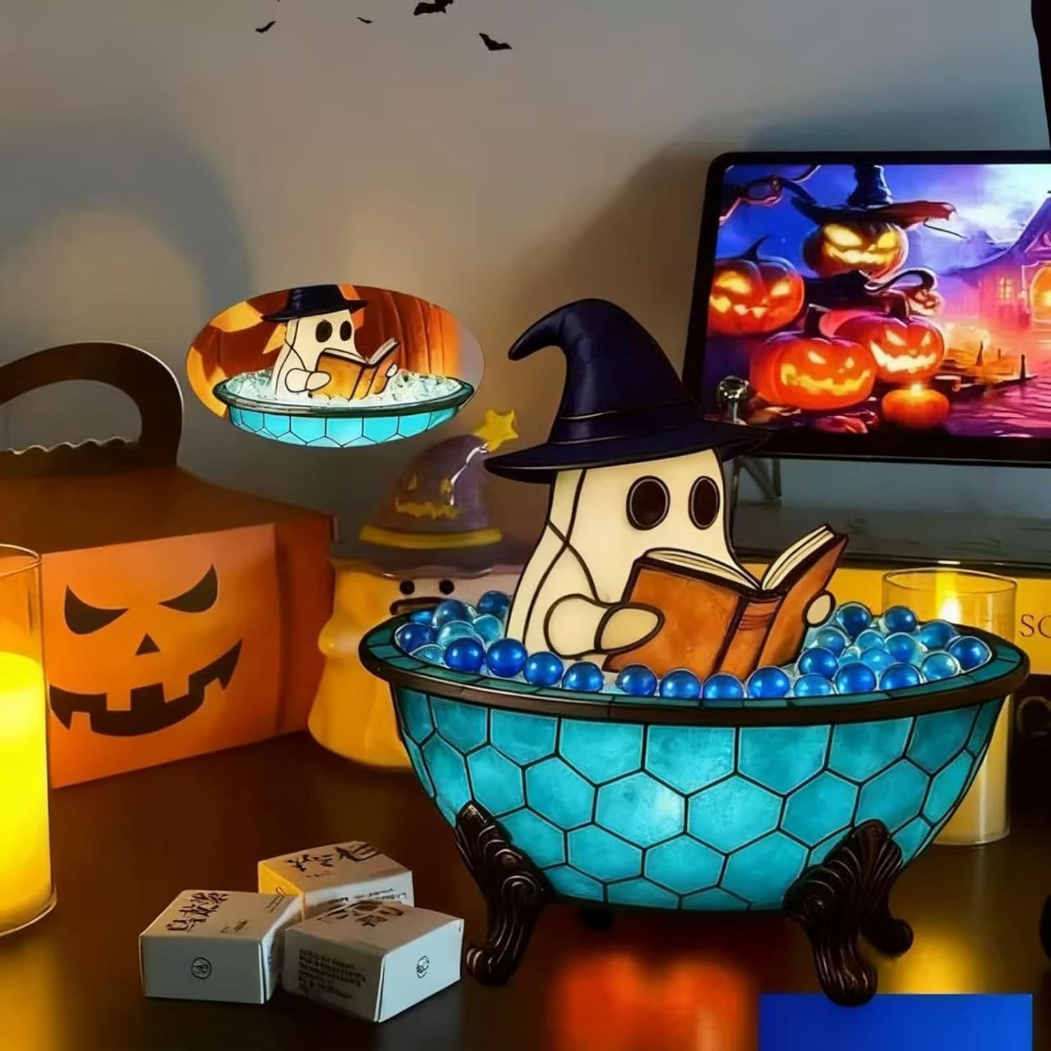 Halloween New Ghost Bubble Bath Lamp, Bathtub Ghost USB Night Lights for Halloween Decoration,Spooky Reading Books Design,Halloween Party Gift