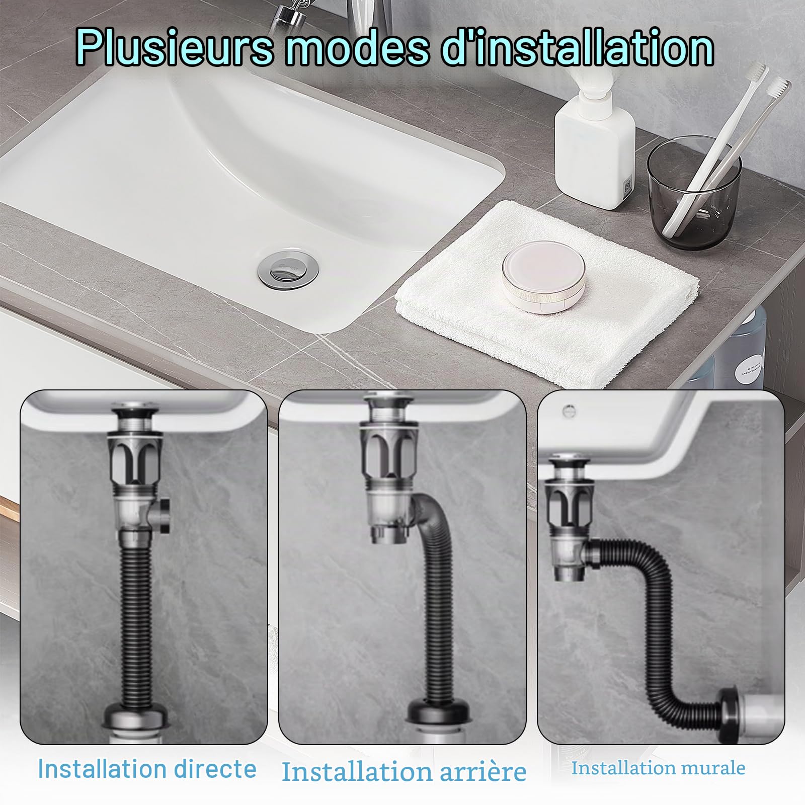 Kit de Égouttoir de Bonde de Lavabo Universel Égouttoir Siphon Lavabo avec Tuyau de Vidange Flexible Rétractable et Bouchon Dévier À Filtre Pop-up Kit de Vidange D'Évier pour Salle de Bain Cuisine
