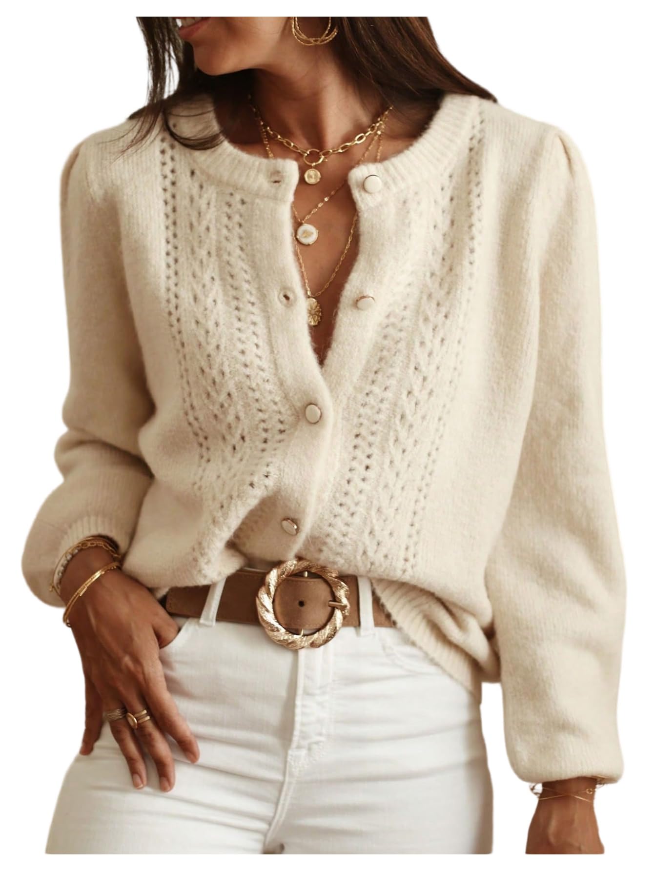 GORGLITTER Womens Button Up Cardigans Lantern Sleeve Crewneck Open Knit Sweater