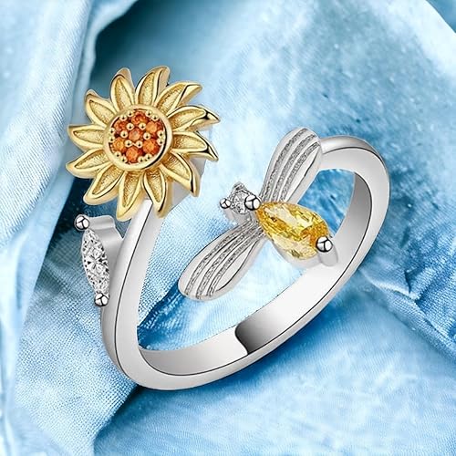 Vista 7 de Anillo giratorio ajustable chapado en oro blanco y amarillo de 14 quilates con flor de girasol y abeja, joyería para mujeres, anillos de ansiedad