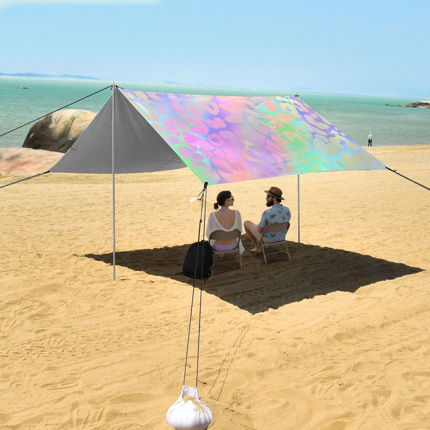 ALAZA Rainb Leopard Print Laser Cheetah Beach Tent Sun Shelter UPF50+ Protection Beach Shade Canopy w/ 4 Sandbags for Outdoor Camping, Fishing, Backyard Fun, Picnic, 10x9 ft