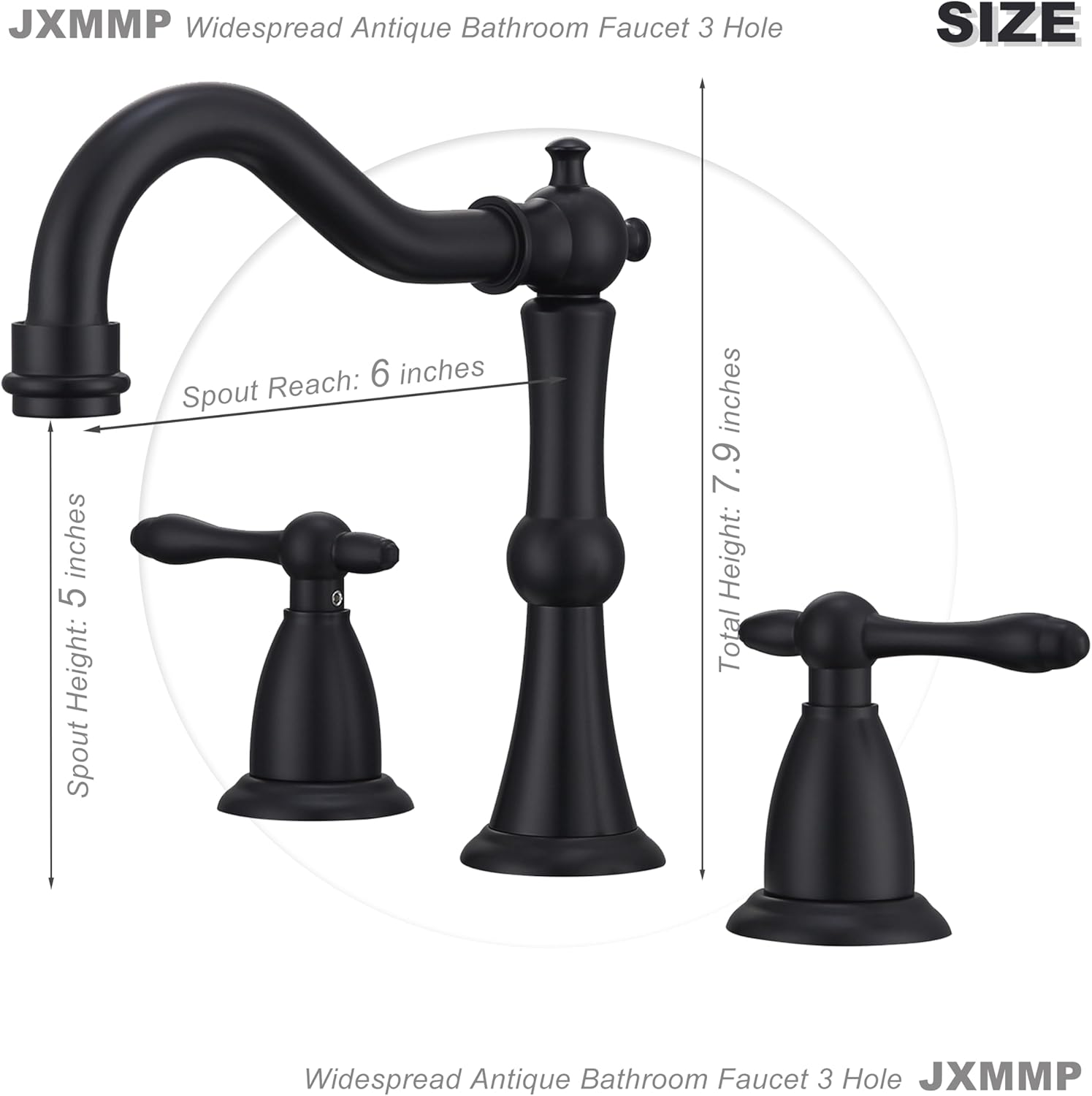 Matte Black Antique Bathroom Faucet 3 Hole, Widespread Sink Faucet with Pop Up Drain and cUPC Supply Hose, Modern 2 Handle Black Faucet for Bathroom Sink JXM3073BK