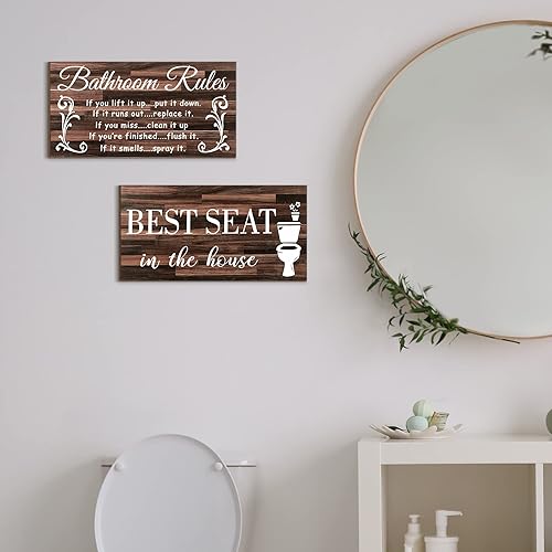Miniatura 7 de Jetec 2 piezas divertidas imágenes de baño, letrero de pared, decoración de casa de campo, regla de baño, decoración rústica, decoración de madera