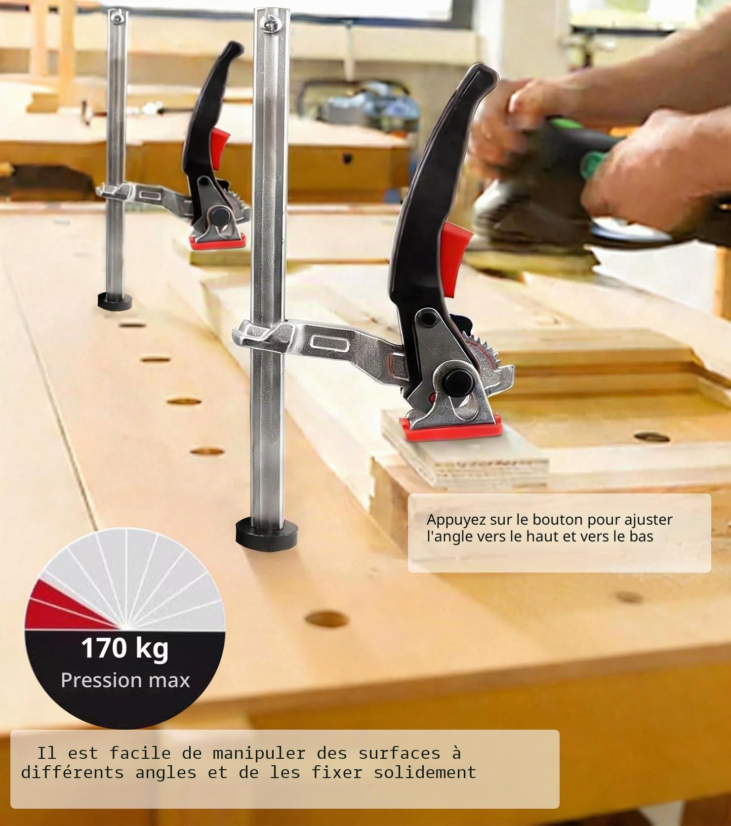 Lot de 2 serre-joints de table 20mm en acier avec poignée à levier, serre-joint à levier de 20 mm, plage de serrage 160 mm, profondeur de saillie 60 mm, compatible avec tables de soudage
