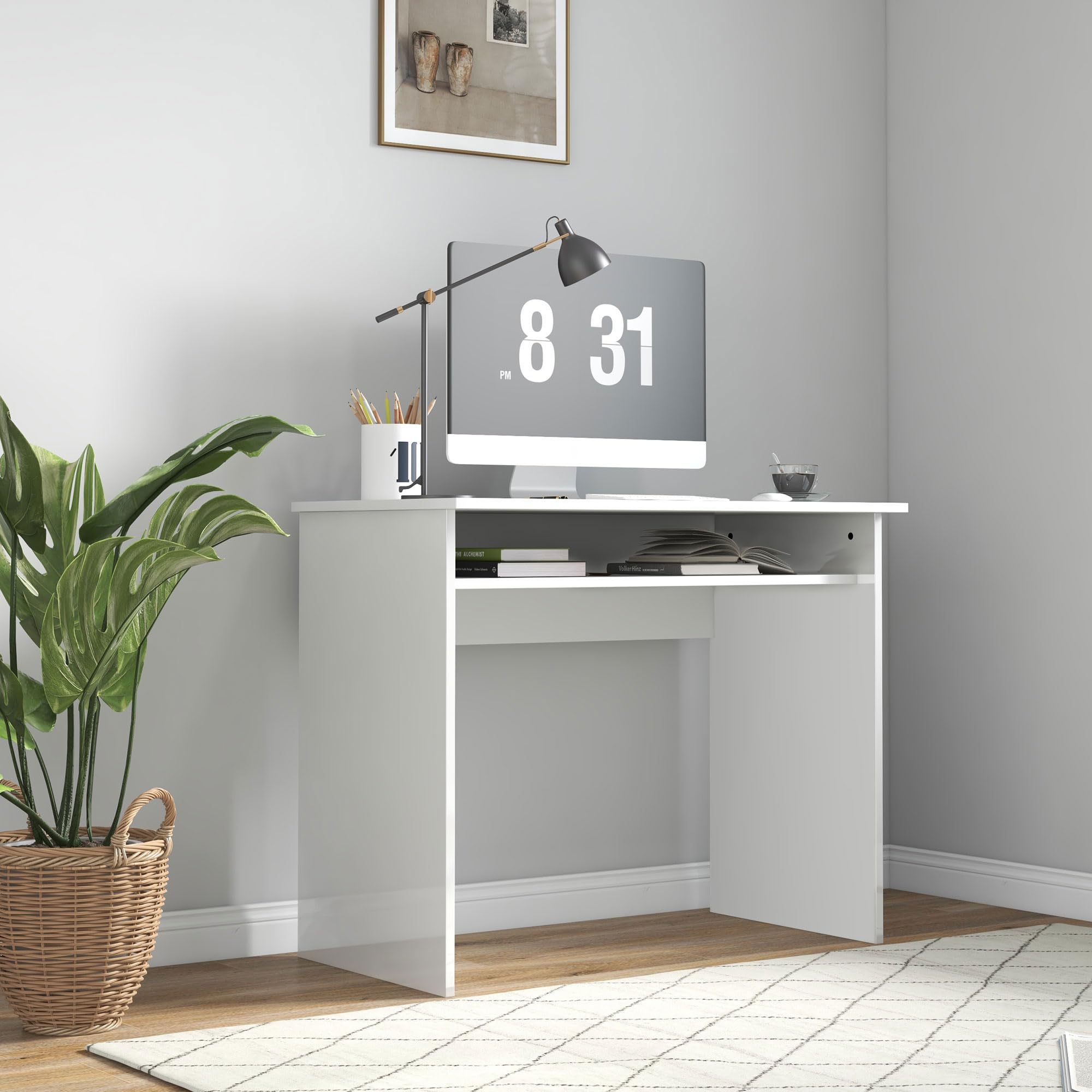 HOMCOM Bureau Informatique avec 1 Étagère 90l x 50P x 74H cm Blanc Laqué