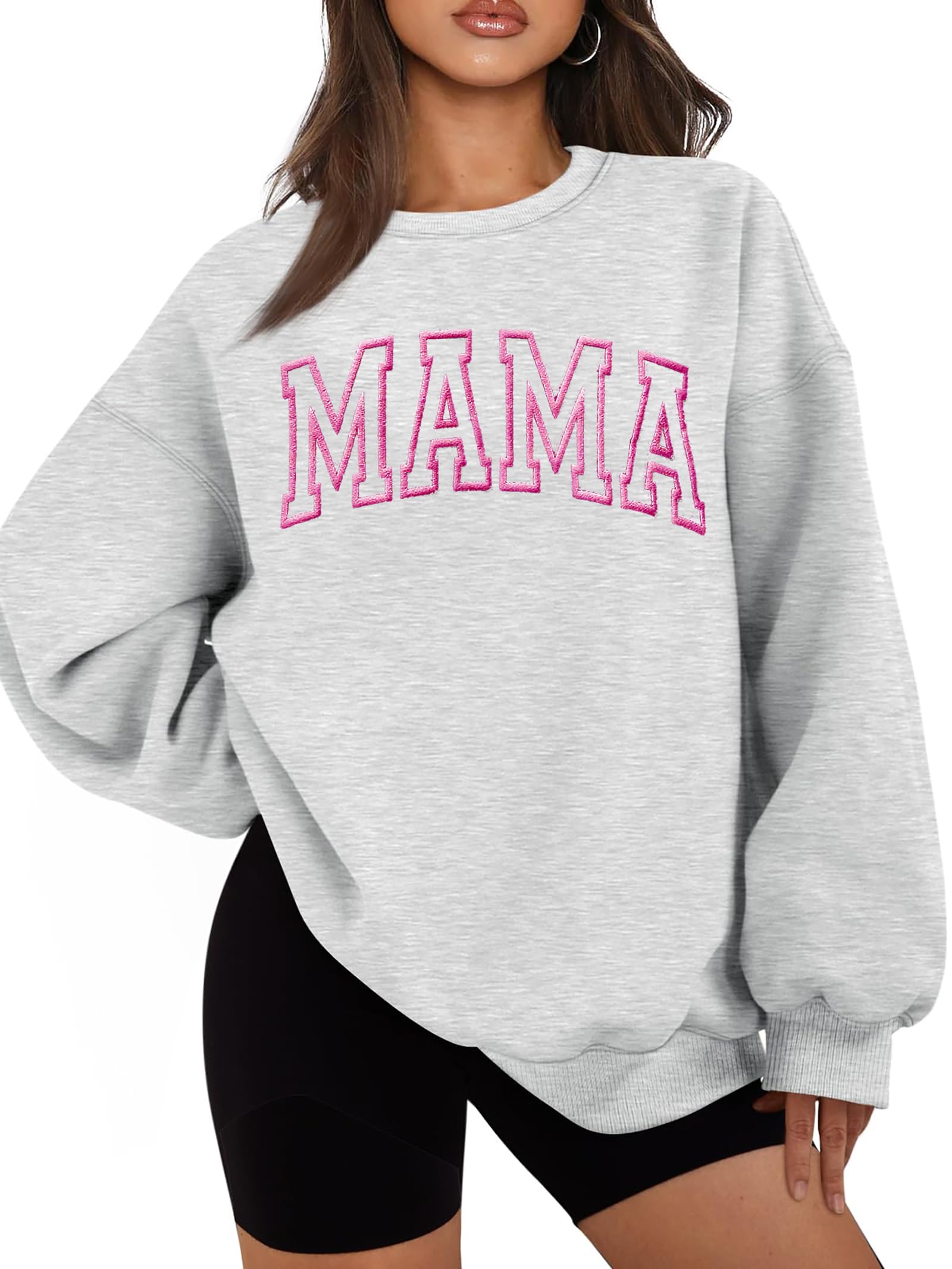 ELDPS Mama Sweatshirts for Women Embroidered Mama Shirt Oversized Mom Crewneck Pullover Hoodies Long Sleeve
