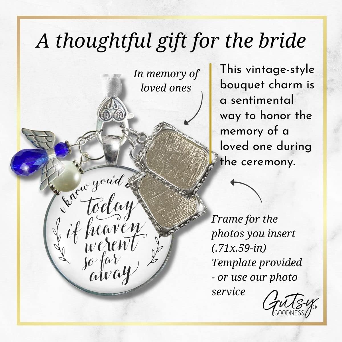 Bouquet Photo Charm Wedding Memory Something Blue Angel - I Know You'd Be Here If Heaven Honor Love One, Silver Finish Handmade Bridal Jewelry White Glass Pendant 2 Frames Gift Message & Box for Bride