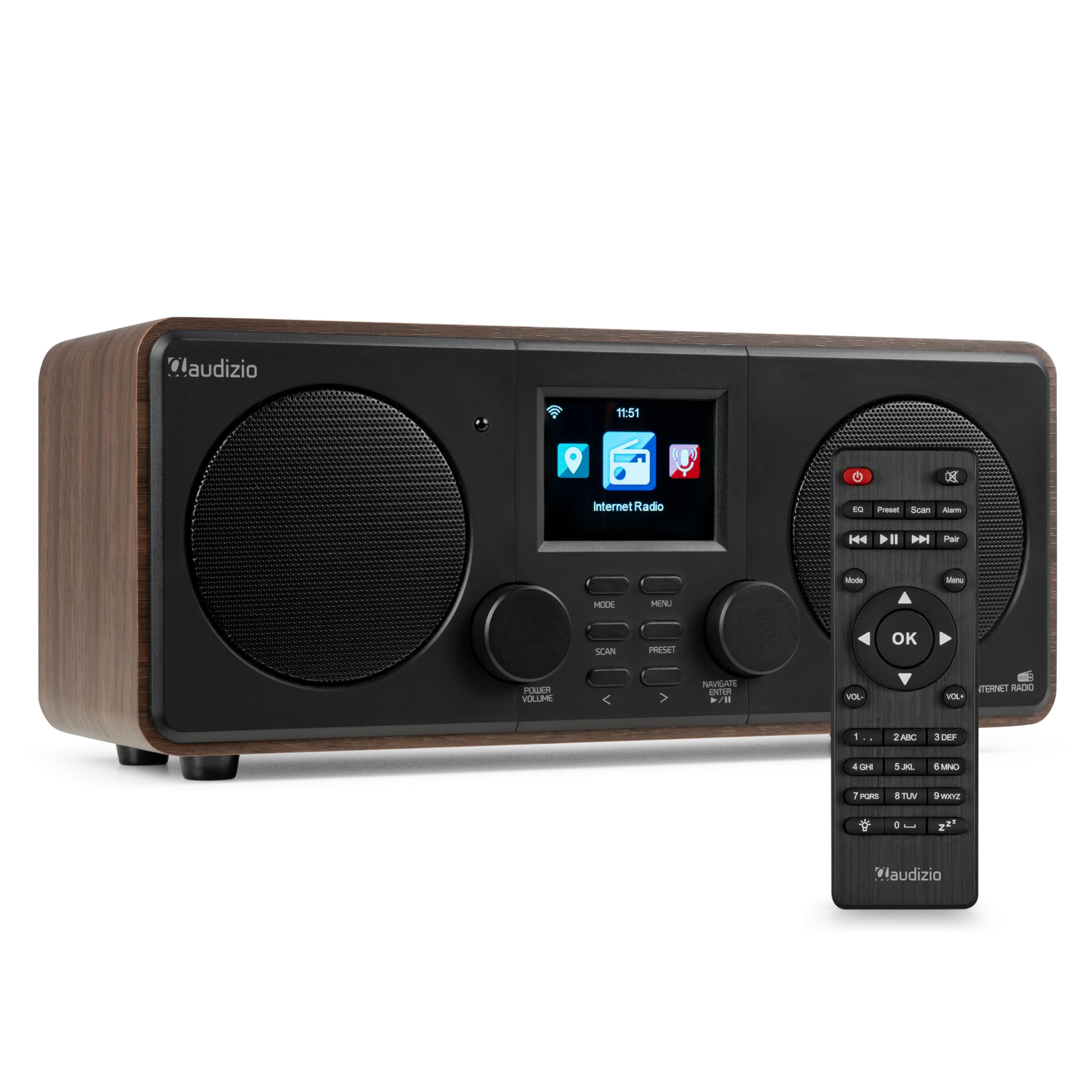 Audizio Foza - Radio Internet WiFi Stéréo, Dab+/FM et BT 5.0 - Noyer, Radio Réveil, Lecteur MP3 USB, Une Radio Idéale pour Écouter Les Radios du Monde Entier Depuis chez Vous