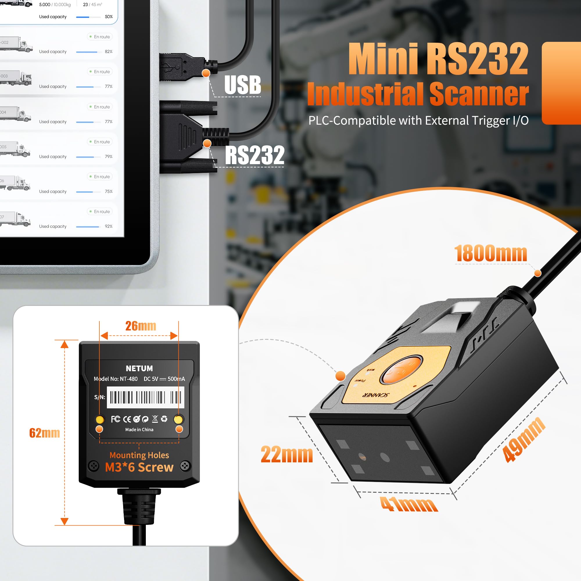 NETUM NT-480(RS232) Lector de código de barras integrado, escáner 2D de montaje fijo para códigos QR y 1D, módulo de escaneo omnidireccional manos libres para automatización industrial, quiosco, OEM y