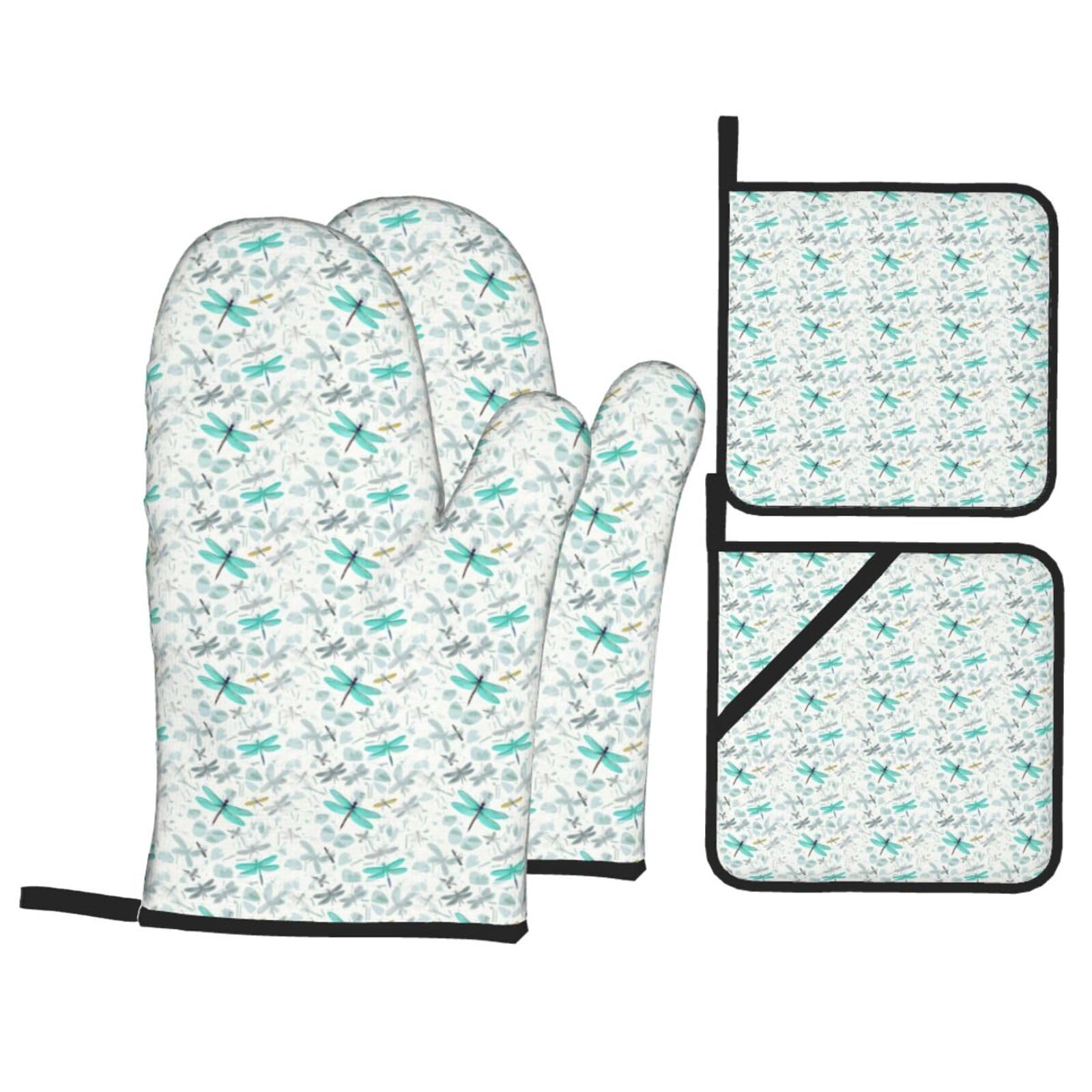 Green Dragonfly Print 4-Piece Heat-Resistant Oven Waterproof Kitchen Gloves Cooking Roasting Essential