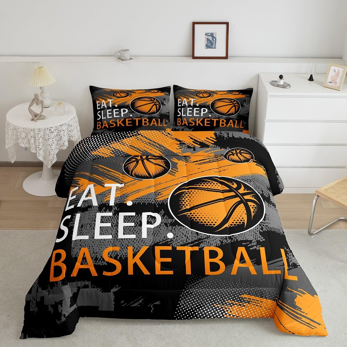 Feelyou Kids Basketball Bedding Set Queen Size Eat Sleep Basketball Comforter Set for Boys Teens Decor Sport Game Comforter Grey Orange Quilt Set Bedroom Court Quilt Set 3Pcs Multi 06 Queen