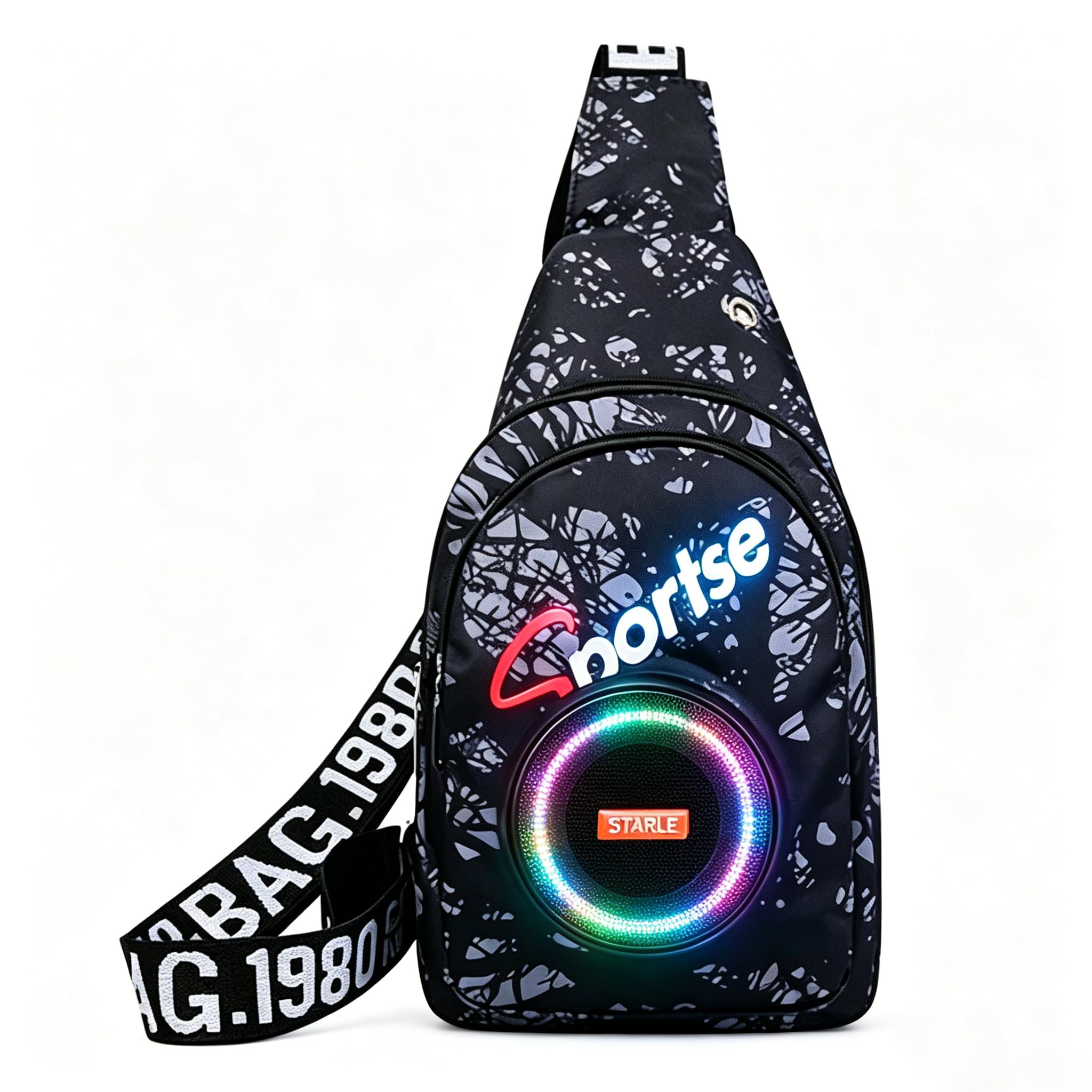 JACKLY Kabelloser Lautsprecher-Rucksack mit LED-Sicherheitslicht und Powerbank, wasserdicht, Radfahren, Wandern, Tagesrucksack, Schwarz, Small, Sportlich