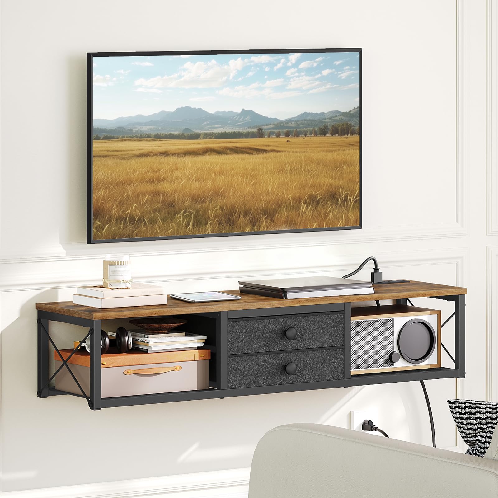 YATINEY Meuble TV DS04UBR en bois marron rustique pour salon élégant