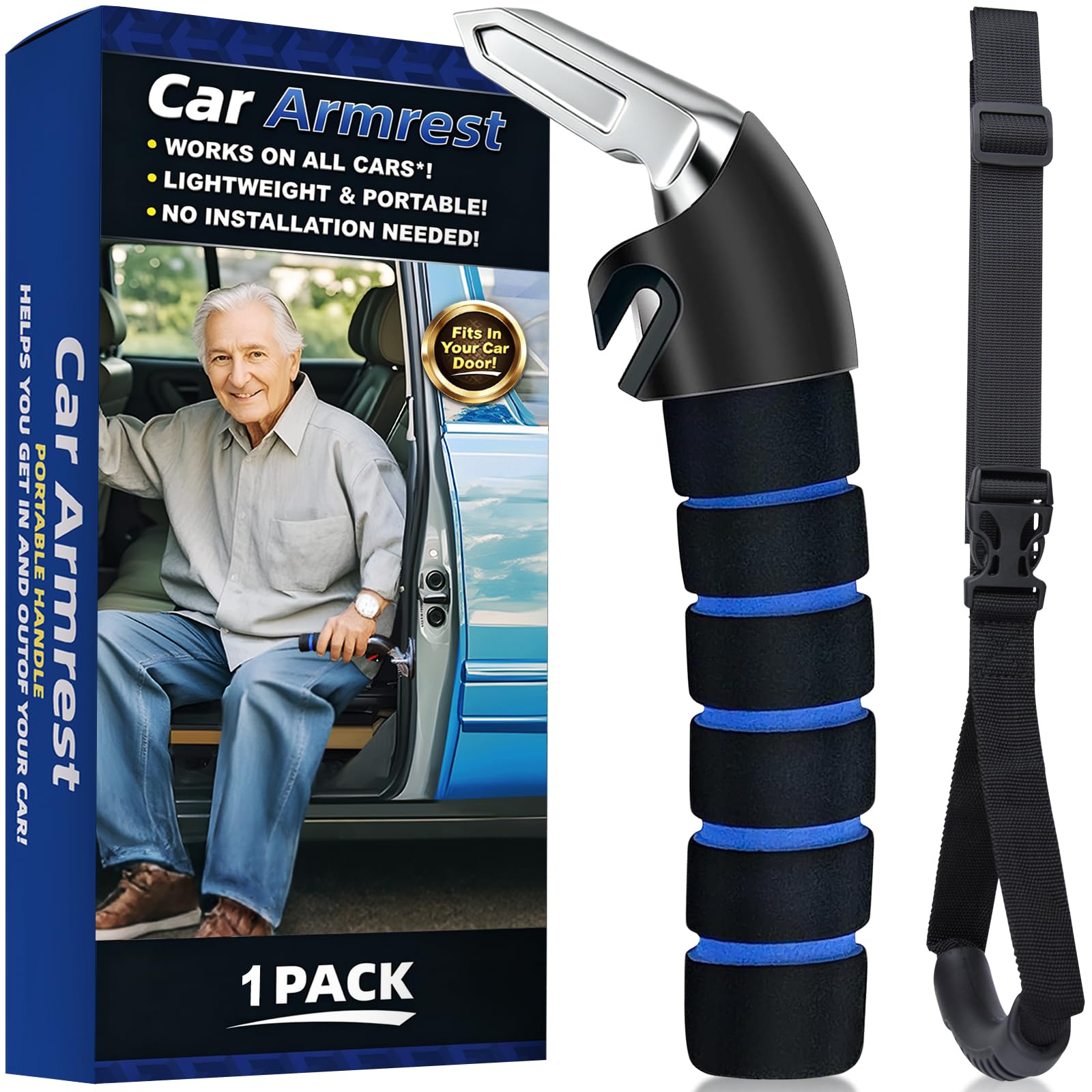 KOUNATSURI Car Handle Assist for Elderly Car Door Handle Multifunction Handle Car Door Latch Handle for Seniors and Handicapped(Blue)