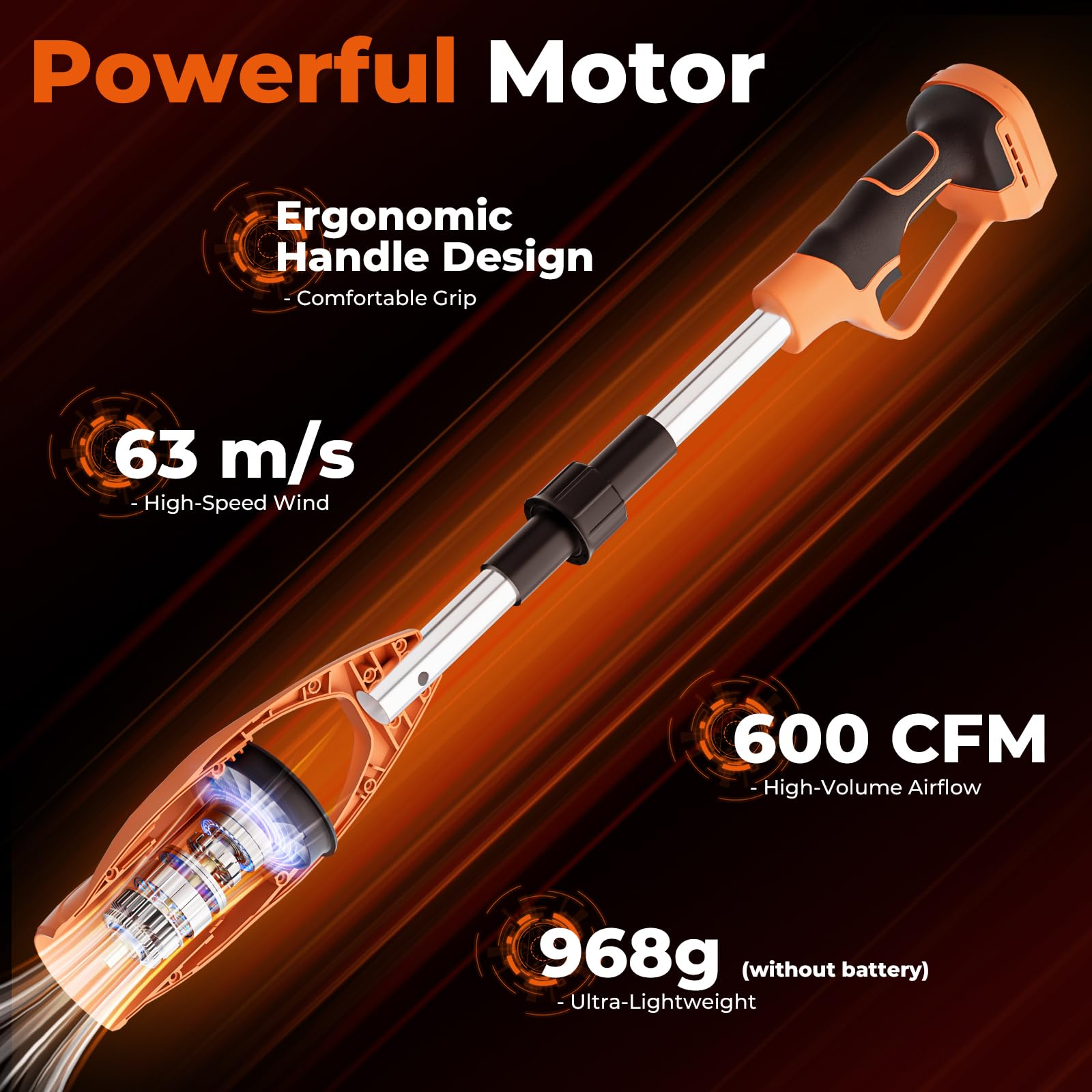 HANSILK soplador de Hojas inalámbrico Plegable y Ligero (sin batería), Velocidad 63 m/s Volumen 600 CFM Compatible con batería 18V soplador Compacto para césped/Patio/acera/Garaje Naranja