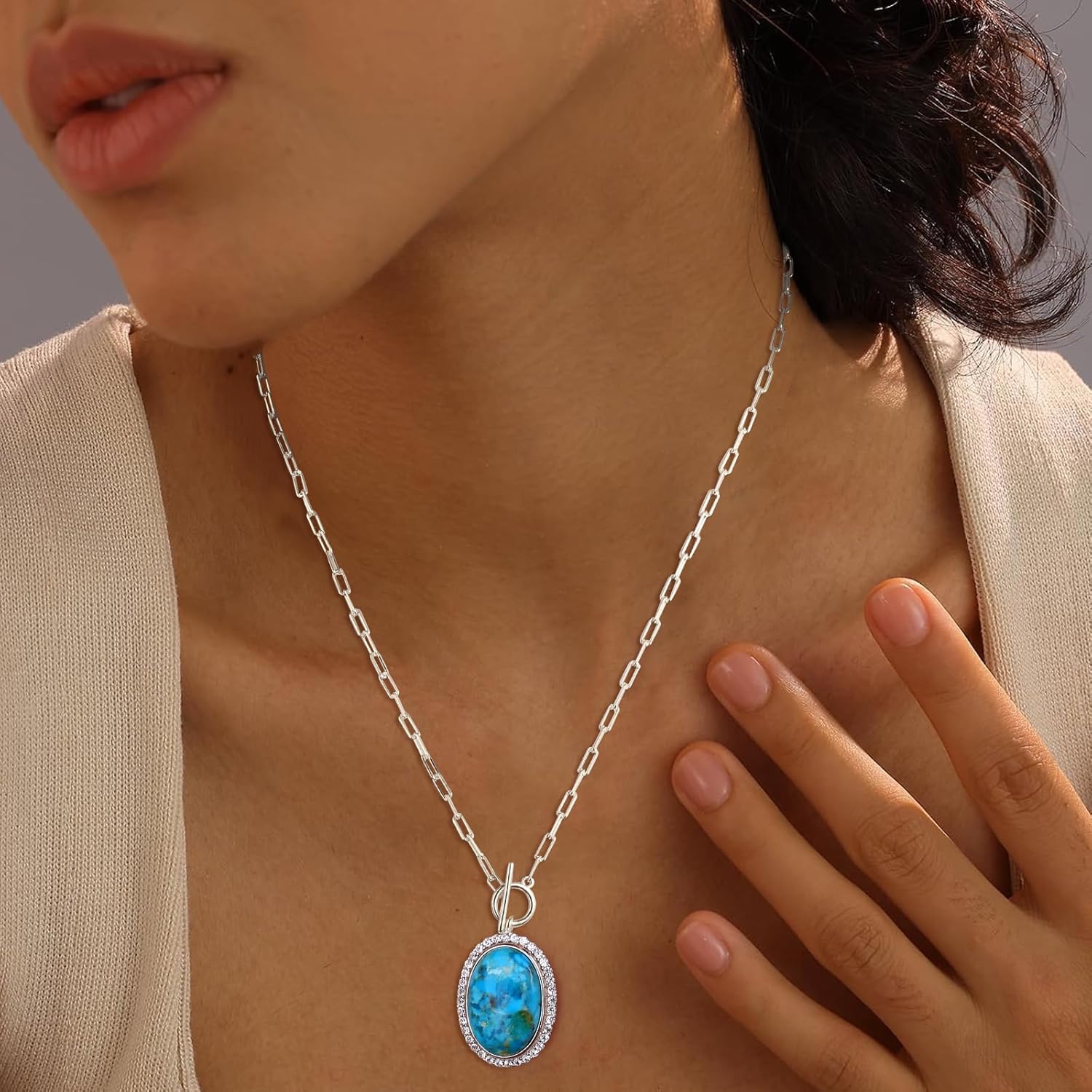 AIBAO Large Oval Turquoise/Coral/Malachite Halo Necklaces for Women 10-12 Carat Natural Gemstone Necklace Rhodium Plated Sterling Silver Statement Necklace with Toggle Clasp - Image 2