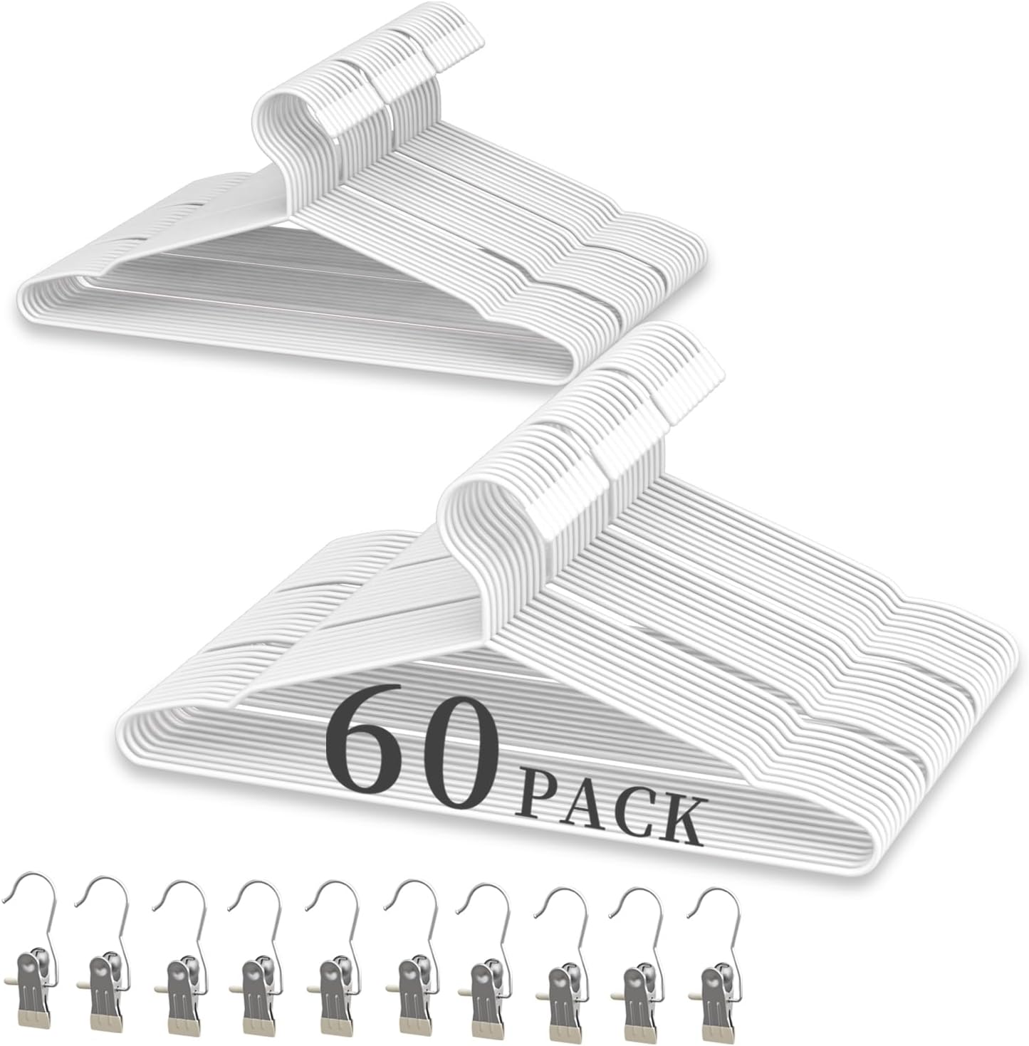 Juego de 60 perchas + 10 clips, perchas de metal blanco mate resistentes de 16.69 pulgadas, soporta 50 libras de peso, acabado liso con