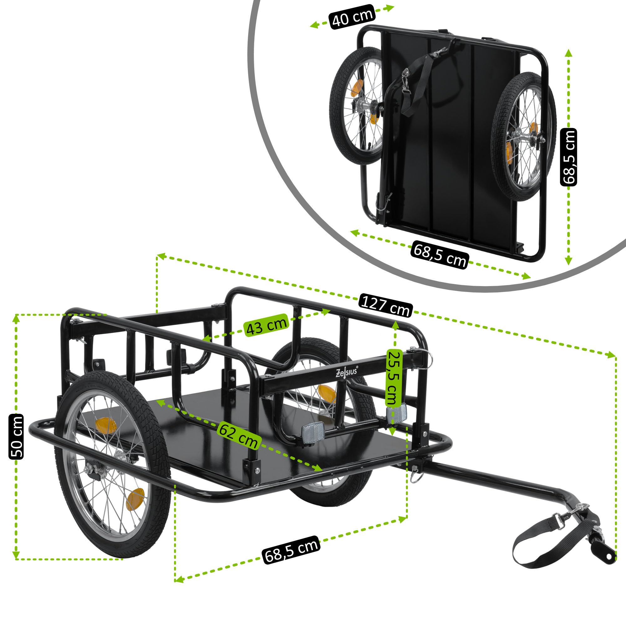Zelsius Remorque de vélo 68 litres | Remorque de transport pliable pour 2 caisses de boissons | Chariot de transport, remorque pour vélo, remorque de charge avec attelage, remorque de roue