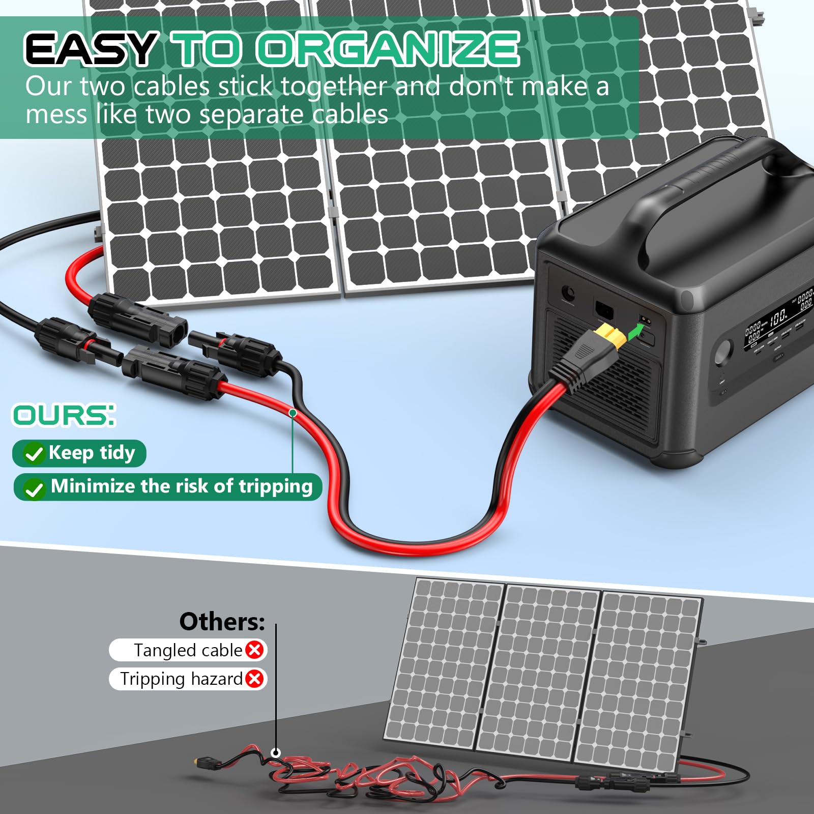 Cable de extensión solar XT60 de 10 AWG de 50 pies para estación de energía portátil | Cable adaptador XT60 de cobre estañado, conector de panel solar para RV, carga de batería, generador solar, certificado TUV