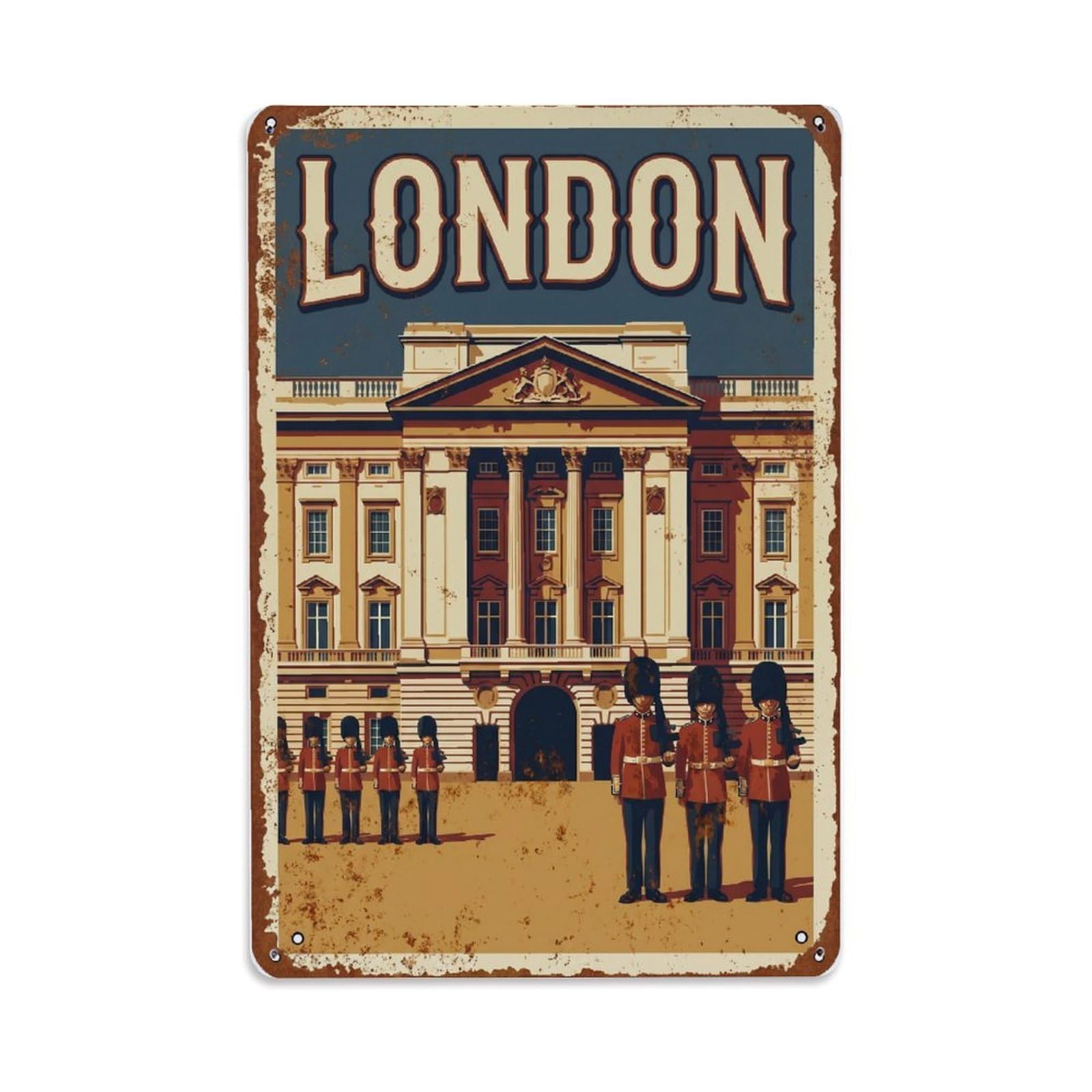 Vintage Travel London Buckingham Palace Guards Rusted England Metal Tin Sign Plaque Wall Decor for Cafe, Club Bar, Office, Home Garden Metal Poster 8x12Inch