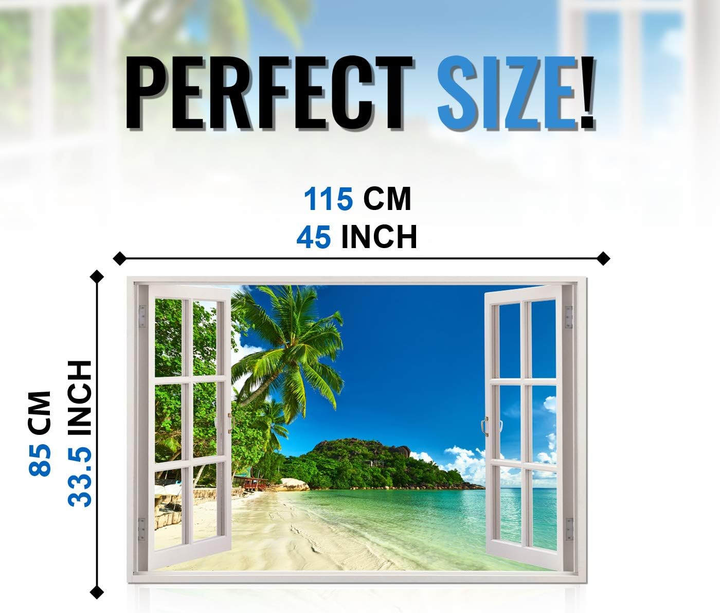 Realistic Window Wall Decal – Peel and Stick Nautical Decor for Living Room, Bedroom, Office, Playroom – Beach Wall Murals Removable Window Frame Style Ocean Wall Art – Vinyl Poster Wall Stickers