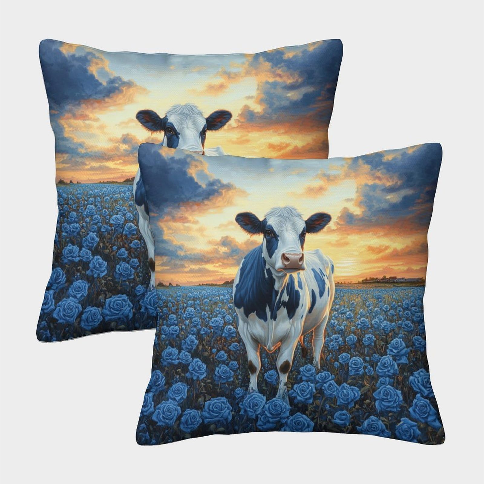 kaiyun 2 Pack Cow-Blue Rose Field Luxury Digital Printed Soft 3D Themed Square Cushion Cover 45x45cm