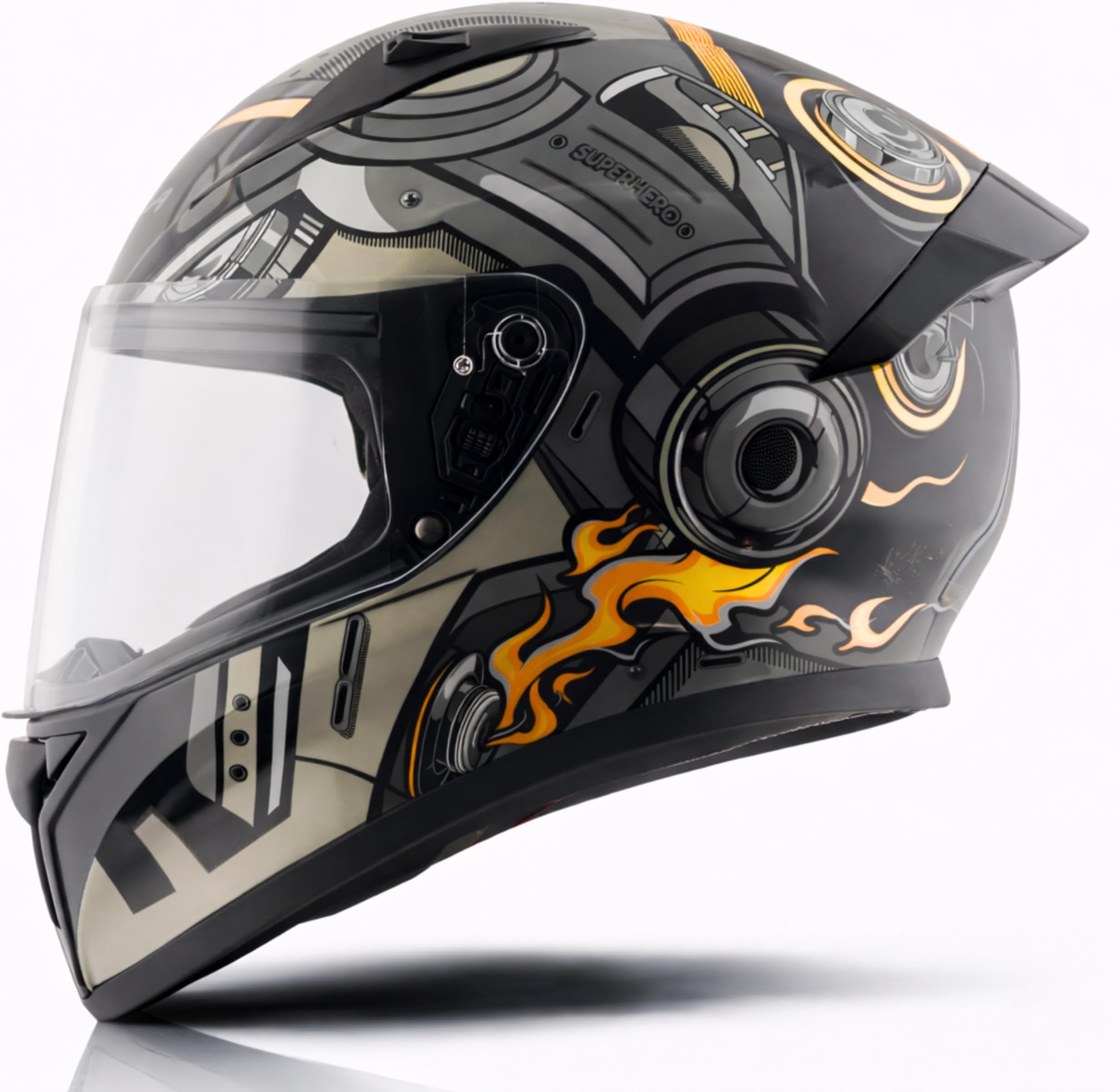 Vega Bolt Superhero ISI Certified Full Face Motorcycle Helmet with Impact Resistant ABS Shell High Density EPS Liner Scratch Resistant Visor Quick Release Buckle Comfortable Inner Padding Black Grey Helmet-L