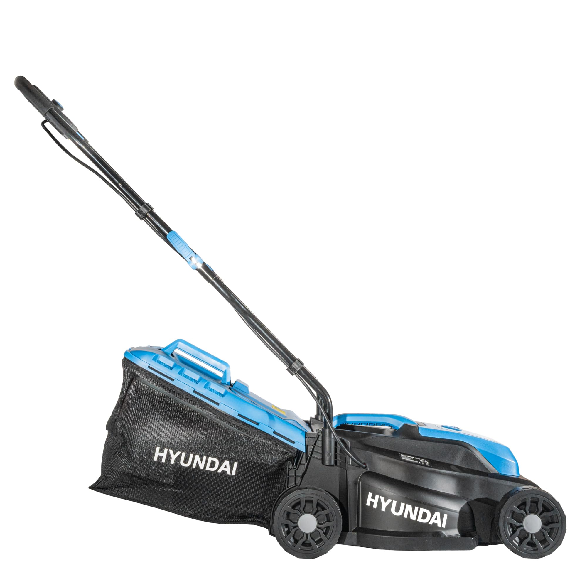 Hyundai Cortacésped inalámbrico sin escobillas de 33 cm, 20 V, batería de 4.0 Ah y Cargador, Bolsa de césped de 32 L, 5 Alturas de Corte de 25 a 65 mm, cortacésped Ligero