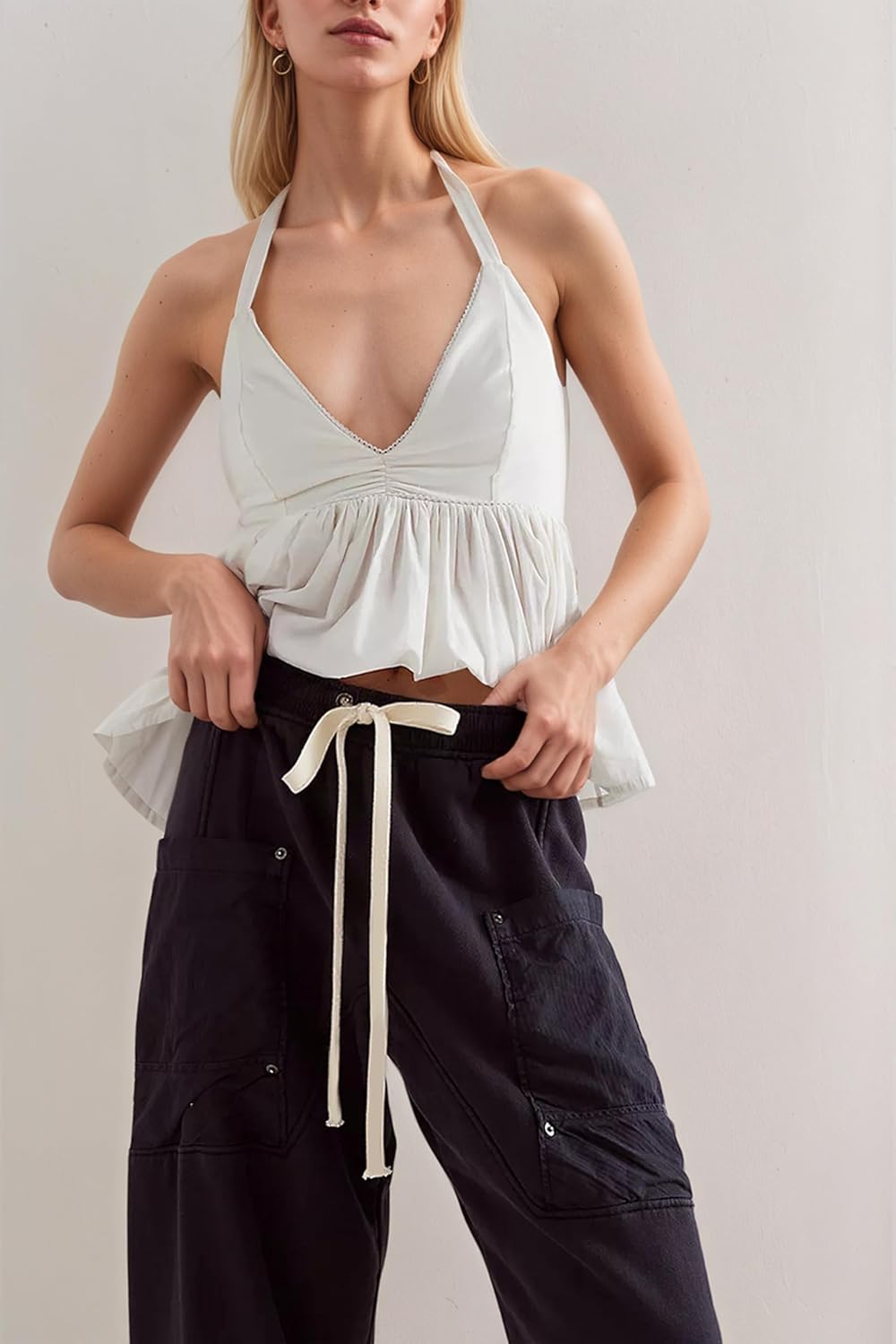 MISSACTIVER Women Baggy Drawstring Wide Leg Pants Elastic Low Waisted Lounge Pants Loose Solid Cargo Pants with Pockets - Image 2