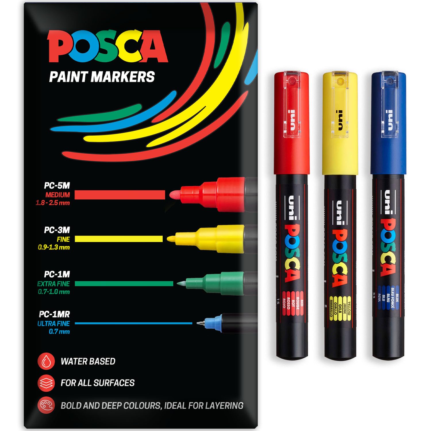 Posca Water Based Acrylic Paint Marker Pens | Multi Surface Use Permanent Paint Pen | Pack of 3 Pens in Envelope Gift Packaging | Glass, Fabric, Canvas, Wood etc | PC-1M, Red, Yellow, Blue โ image 1