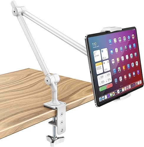 AboveTEK Soporte para tablet para escritorio y cama, brazo de aluminio para iPad con abrazadera giratoria de 360, soporte ajustable para teléfono