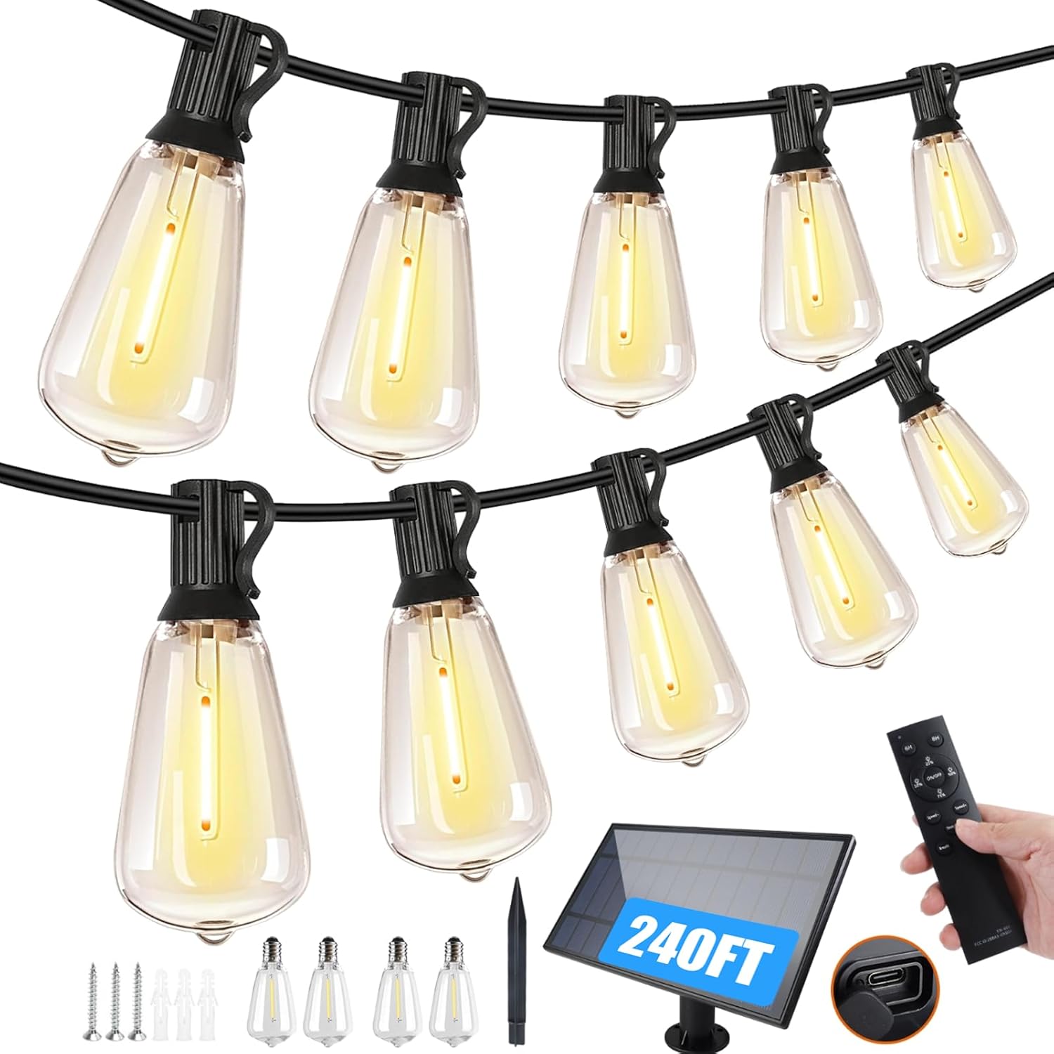 Bdrofn 120FT Solar String Lights Outdoor,Solar Patio Lights Waterproof with Remote & 40+2 Dimmable ST38 Shatterproof LED Bulbs,Commercial Grade Solar Powered String Lights for Outside