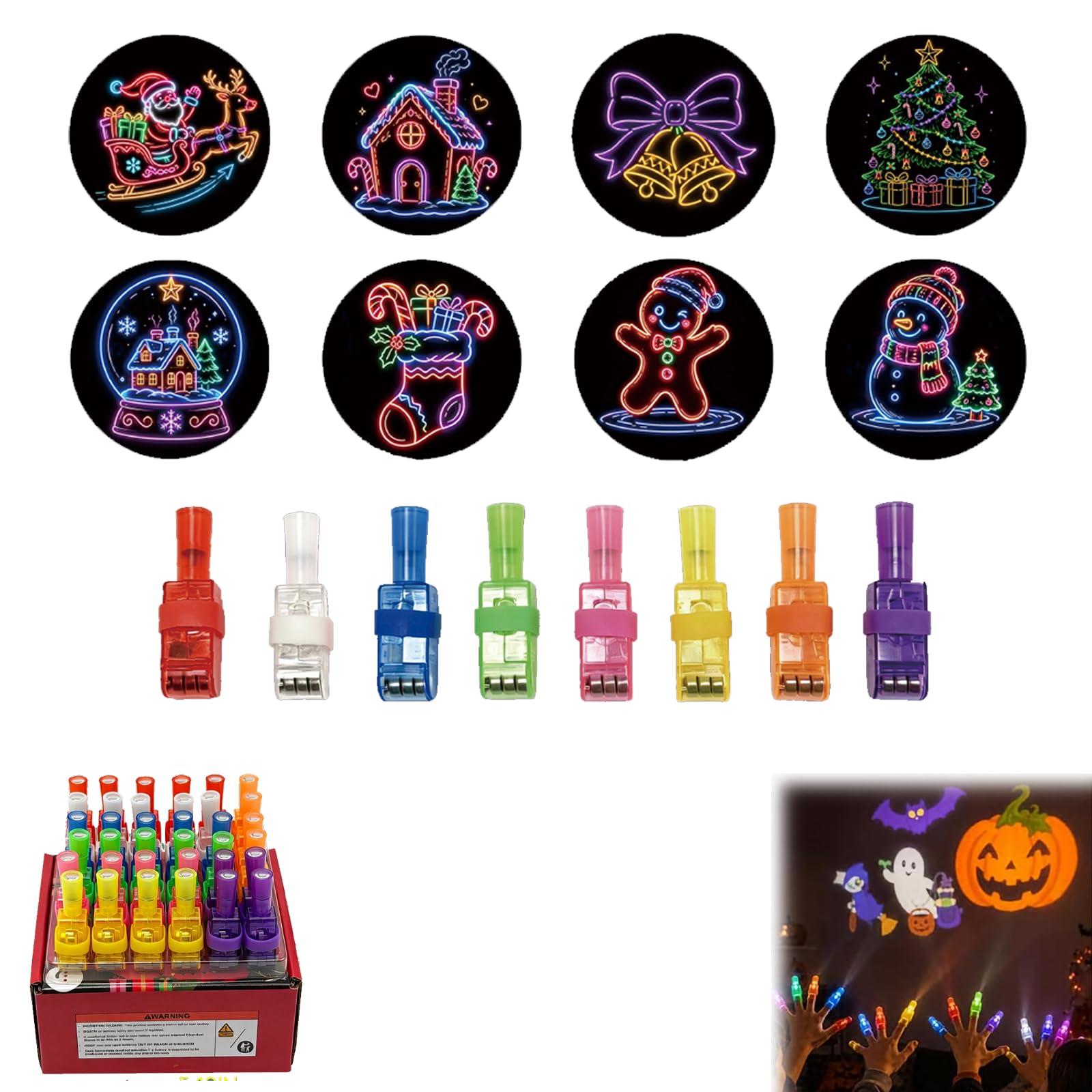 36 Pcs LED Finger Lights Toys – Glow in Dark Light Up Projector Fingers in Multiple Designs, Halloween & Christmas Party Bag Fillers, Goodie Bag Prizes, Classroom Rewards，Christmas,D