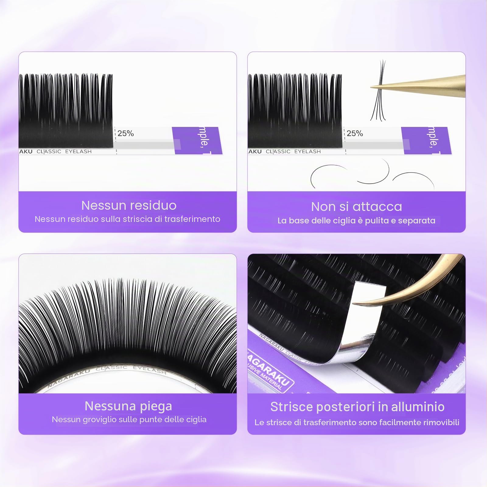 NAGARAKU Individuali Ciglia Classiche 1:1 Extension Ciglia Professionali Effetto Volume Russo Leggere Morbide Naturali Punte Long Taper Sottili Radici Senza Colla Nero Opaco 16 Rows (0.07mm C 7-15mm)