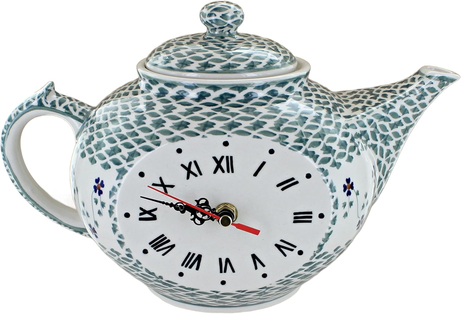 Blue Rose Polish Pottery - Red Daisy Mantle Teapot Clock - 11" x 7.5" - Perfect Kitchen or Living Room Accent, Collectible Home Décor
