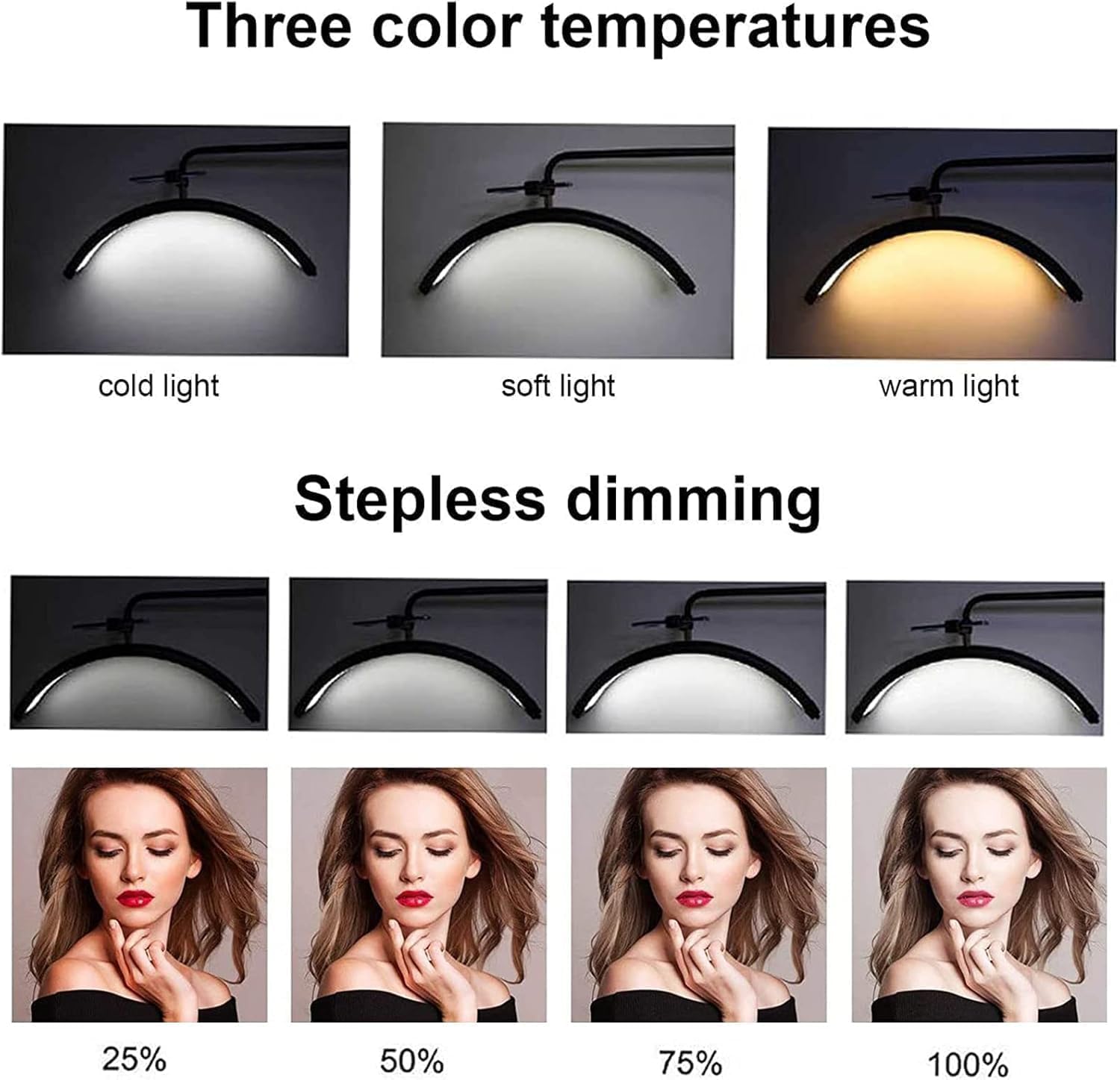 Lampada mezza luna estetica, Lampada extension ciglia, Con supporto per cellulare, adatto per la bellezza, Le sopracciglia, i tatuaggi e la cura del viso e della pelle, (Bianco, 50 watt)