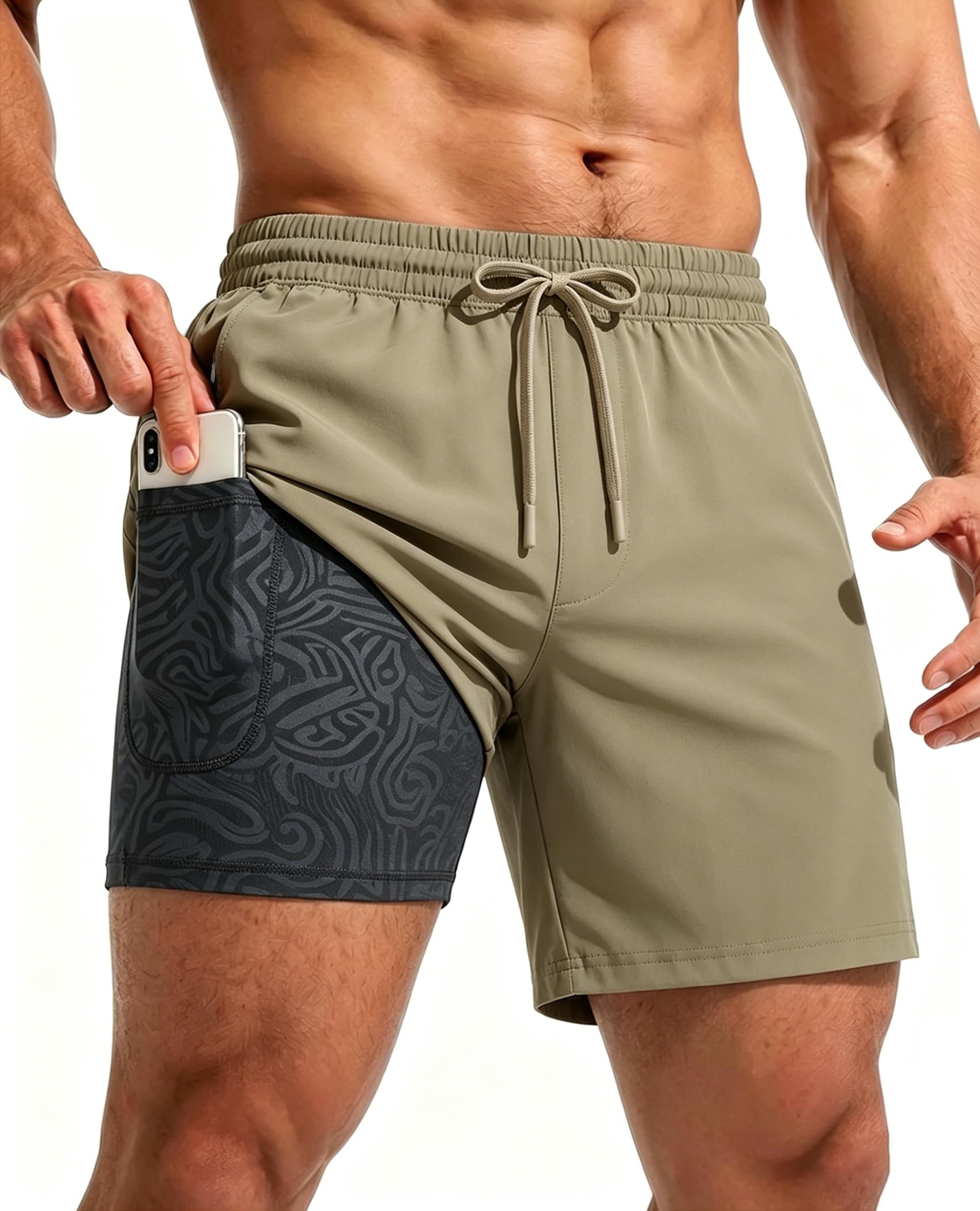 CoozySphere Mens 2 in 1 Running Shorts with Phone Pockets 5 inch Training Gym Shorts with Compression Liner Quick Dry Khaki