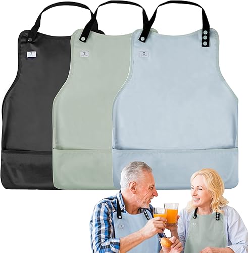 Miniatura 21 de Paquete de 3 baberos para adultos con atrapador de migas, baberos para comer, protectores de ropa para adultos, impermeables, lavables, babero de